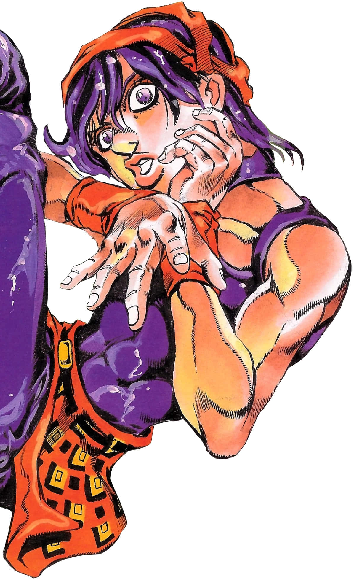 Narancia Ghirga 桌布 壁紙 — 一個充滿動感的動漫角色，紫色頭髮和橙色頭帶，以強烈的表情抓住一個紫色物體。