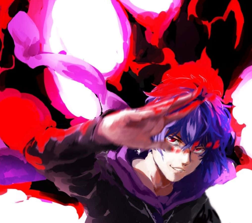 Ayato Kirishima 桌布 壁紙 — 一個充滿動感的動漫角色，紫色頭髮和紅色眼睛，在黑暗背景中於旋轉的粉紅色和紅色能量中伸出手。