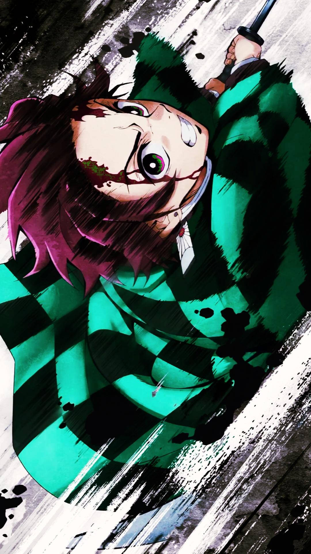 Demon Slayer Phone 桌布 壁紙 — 一個充滿動感的動漫角色，紫色頭髮，穿著綠色格紋和服，用劍劃破暴風雨背景。