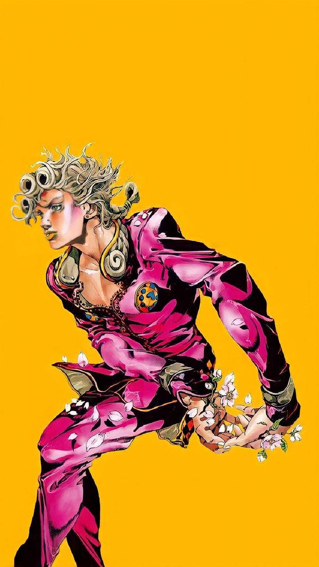 Jotaro 桌布 壁紙 — 一個充滿動感的動漫角色，身穿帶有花卉圖案的粉紅色服裝，蹲在純黃色背景前。