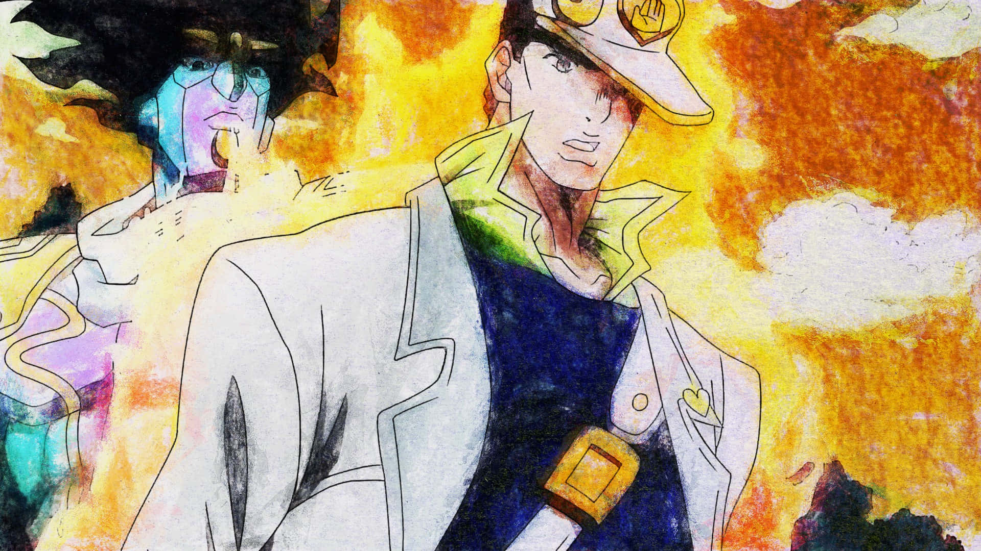 承太郎 桌布 壁紙 — 一個充滿動感的動漫角色，身穿白色外套和帽子，站在火熱的橙色和黃色背景前，身後還有另一個人物。