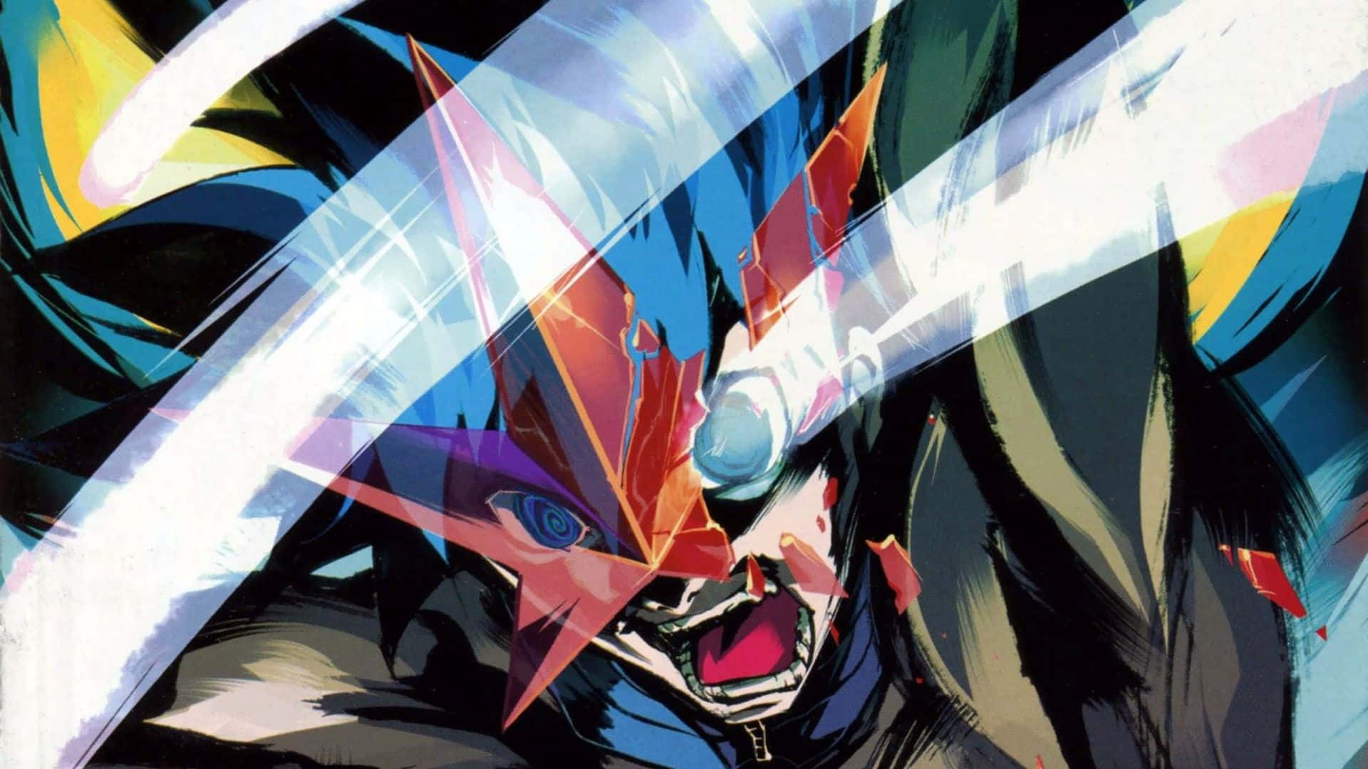 Gurren Lagann Simon 桌布 壁紙 — 一個充滿動感的動漫角色，身穿紅色幾何裝甲，藍色眼睛，在光線中揮舞著發光的劍向前斬擊。