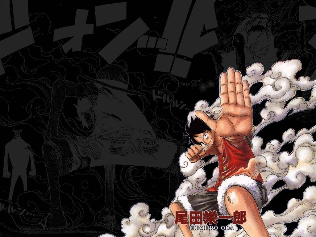 Luffy 桌布 壁紙 — 一個充滿動感的動漫角色，身穿紅色襯衫、戴著草帽，在黑暗背景中向前揮拳，煙霧在他周圍旋轉。