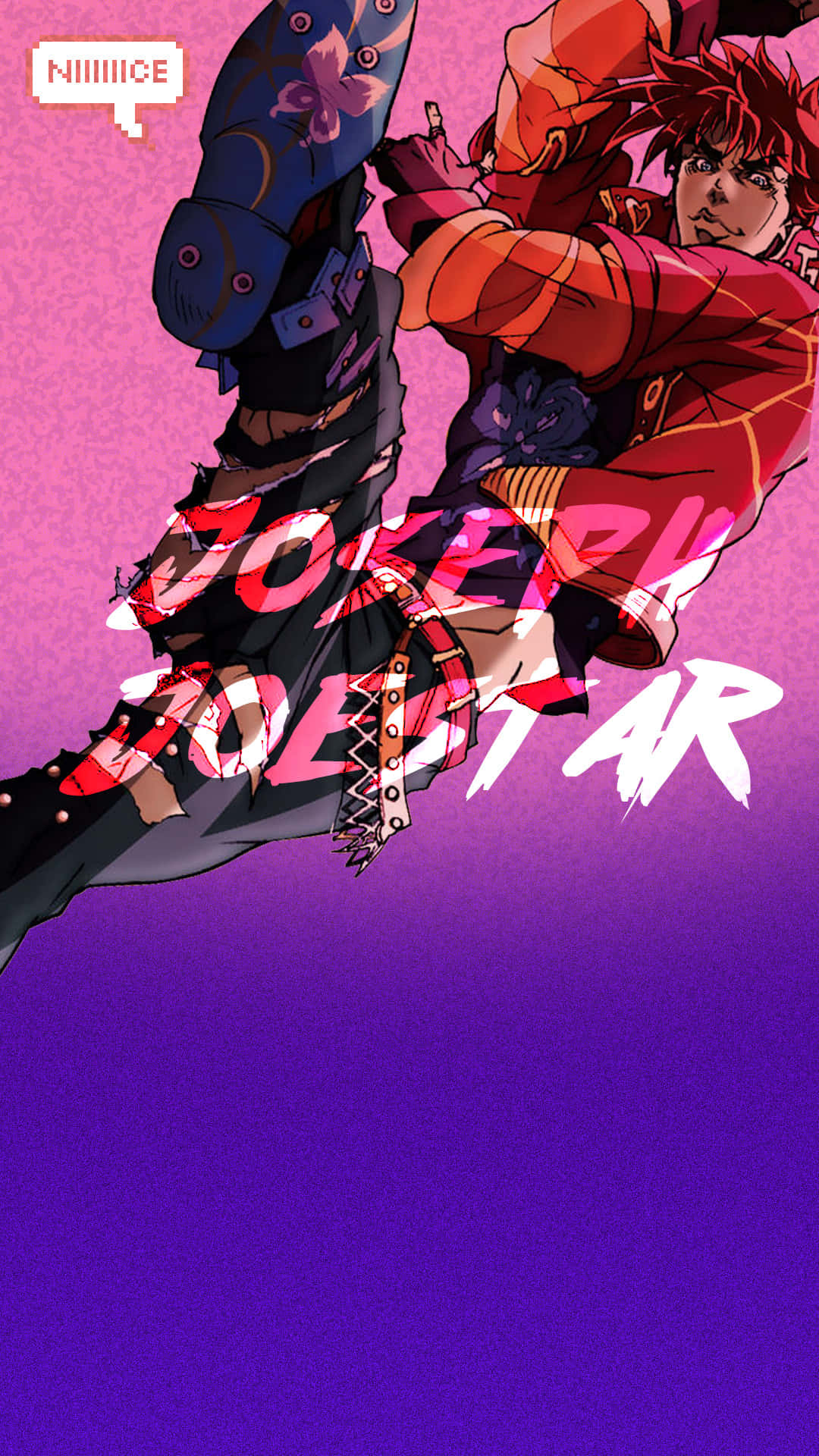 joseph joestar 桌布 壁紙 — 一個充滿動感的動漫角色，身穿紅黑裝備，在紫色漸層背景上跳躍，並帶有粗體的塗鴉風格文字。