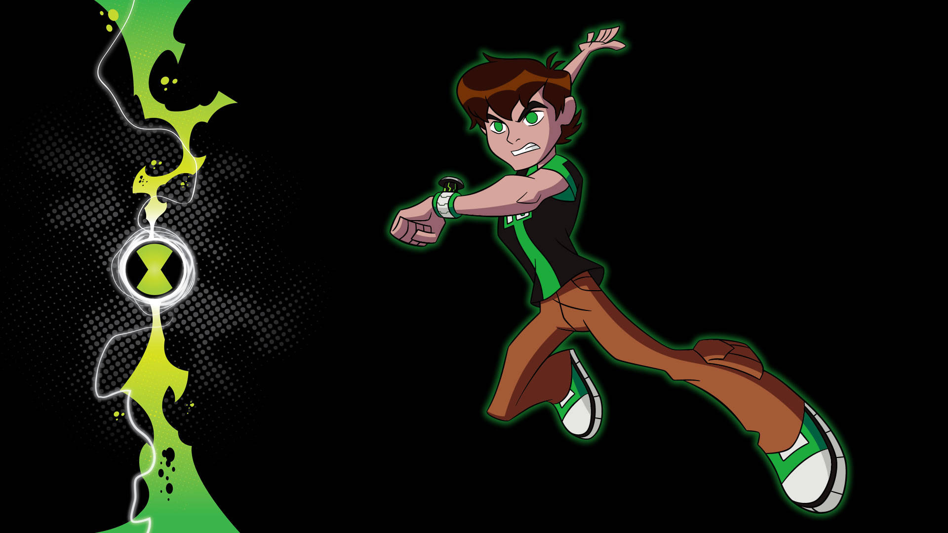 Ben 10 桌布 壁紙 — 一個充滿動感的動漫角色，身穿綠色和黑色，向前躍進，手腕裝置發出噼啪作響的能量，背景為深色。