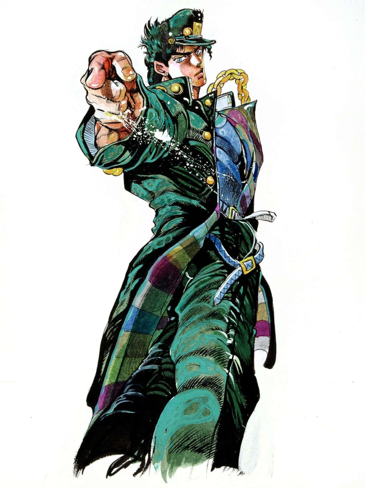 Jotaro 桌布 壁紙 — 一個充滿動感的動漫角色，身穿綠色軍裝外套，在純白背景下以強烈的專注力向前指。