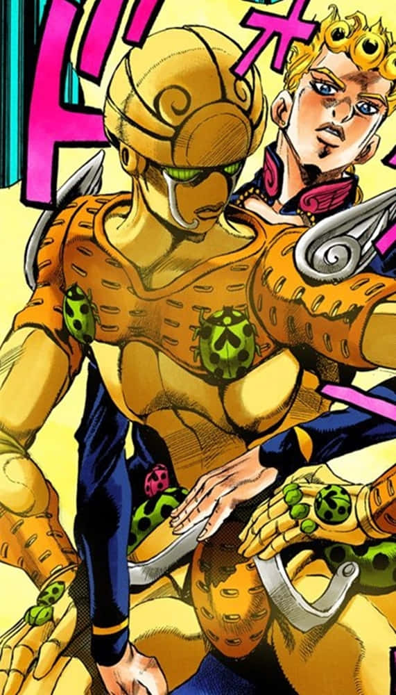Gold Experience Jojo 桌布 壁紙 — 一個充滿動感的動漫角色，身穿金色盔甲並帶有綠色瓢蟲圖案，在鮮黃色背景前擺出大膽的漫畫姿勢。