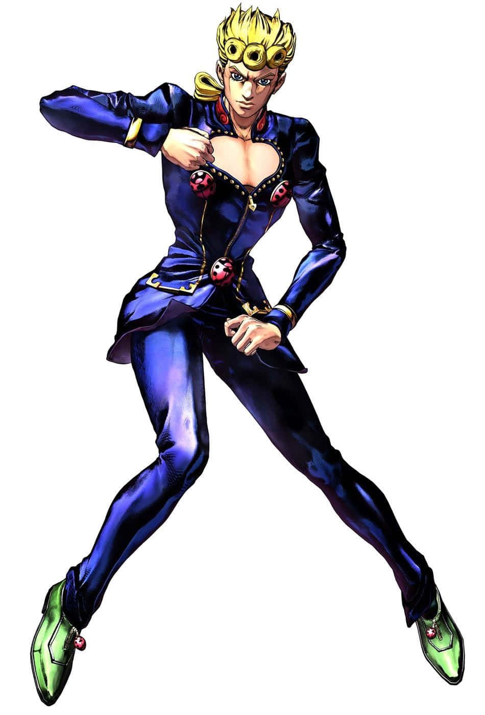 Jojo Pose 桌布 壁紙 — 一個充滿動感的動漫角色，身穿閃亮藍色西裝，帶有瓢蟲圖案，在白色背景前擺出自信姿勢。