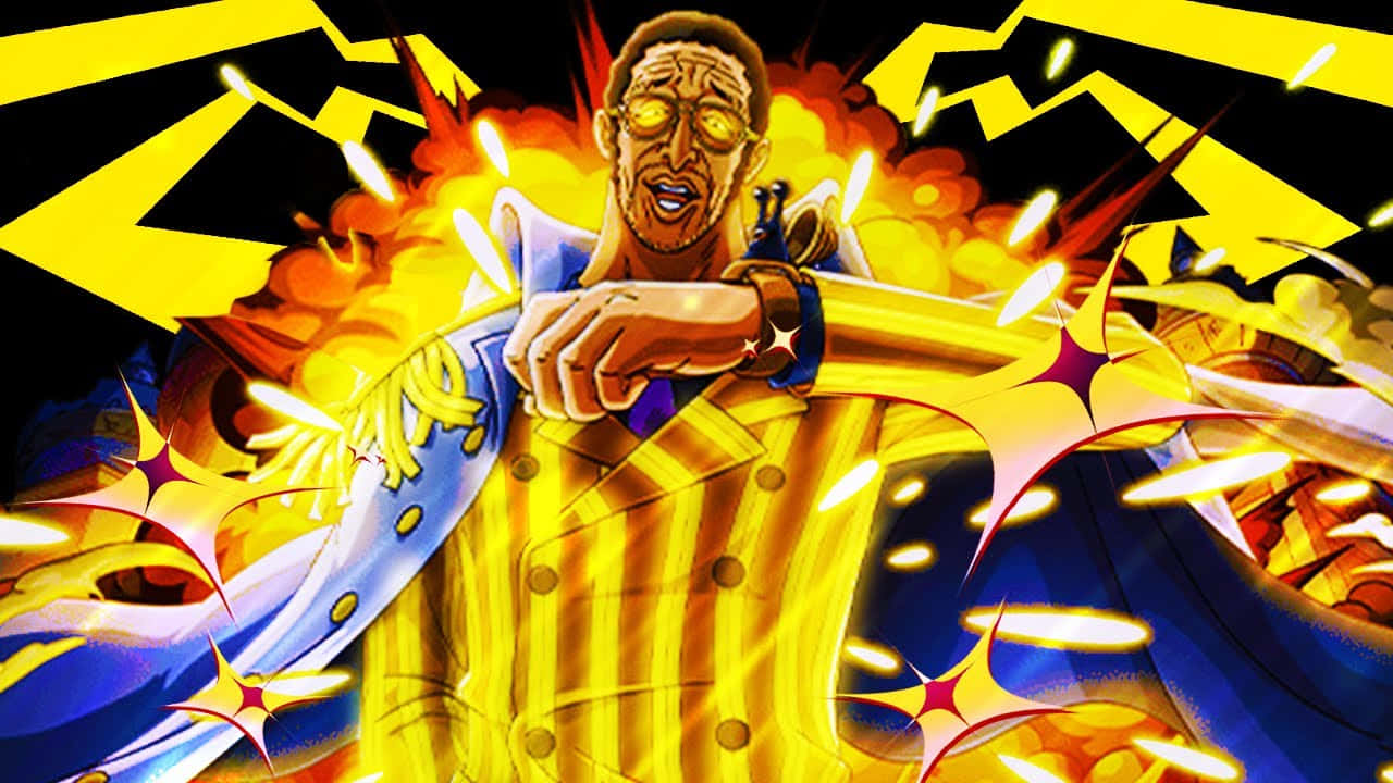 Kizaru 桌布 壁紙 — 一個充滿動感的動漫角色，身穿黃色外套，釋放出強大的能量爆炸，眼睛發光，並伴有爆炸性的黃色閃電效果。