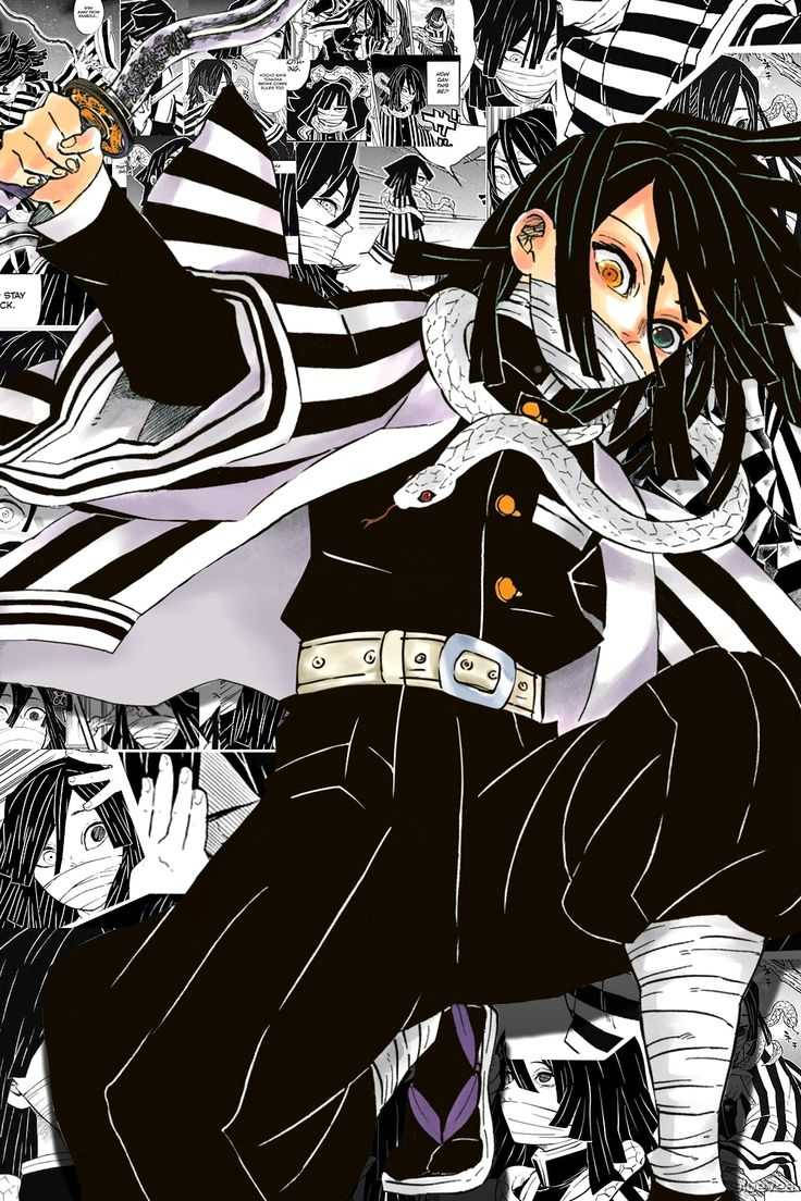 Obanai 桌布 壁紙 — 一個充滿動感的動漫角色，身穿黑白條紋制服，在混亂的漫畫面板背景中揮舞著劍。