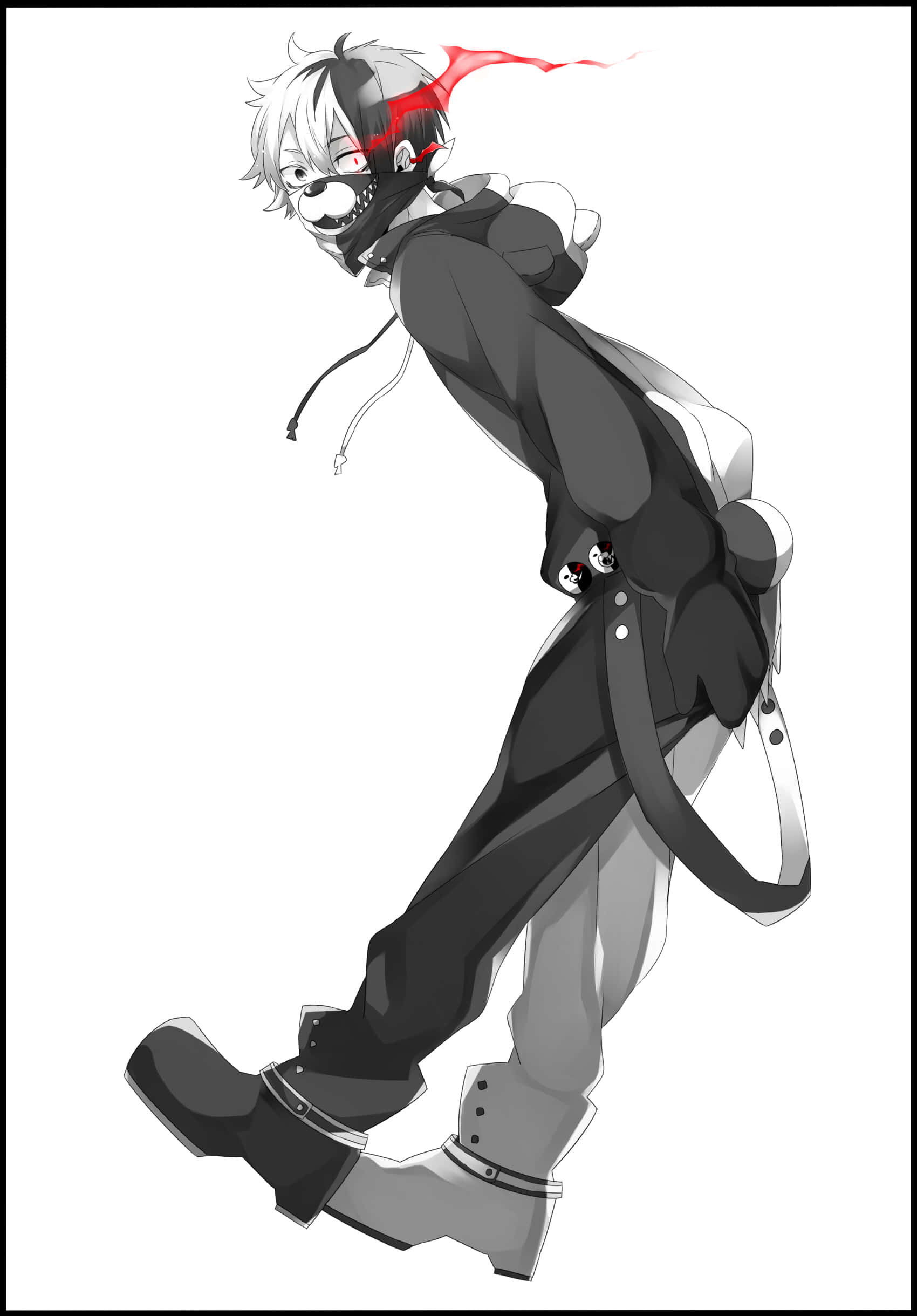 Cute Anime Boy 桌布 壁紙 — 一個充滿動感的動漫角色，頭髮半黑半白帶有紅色條紋，身穿帶有骷髏裝飾的單色服裝向前衝刺。