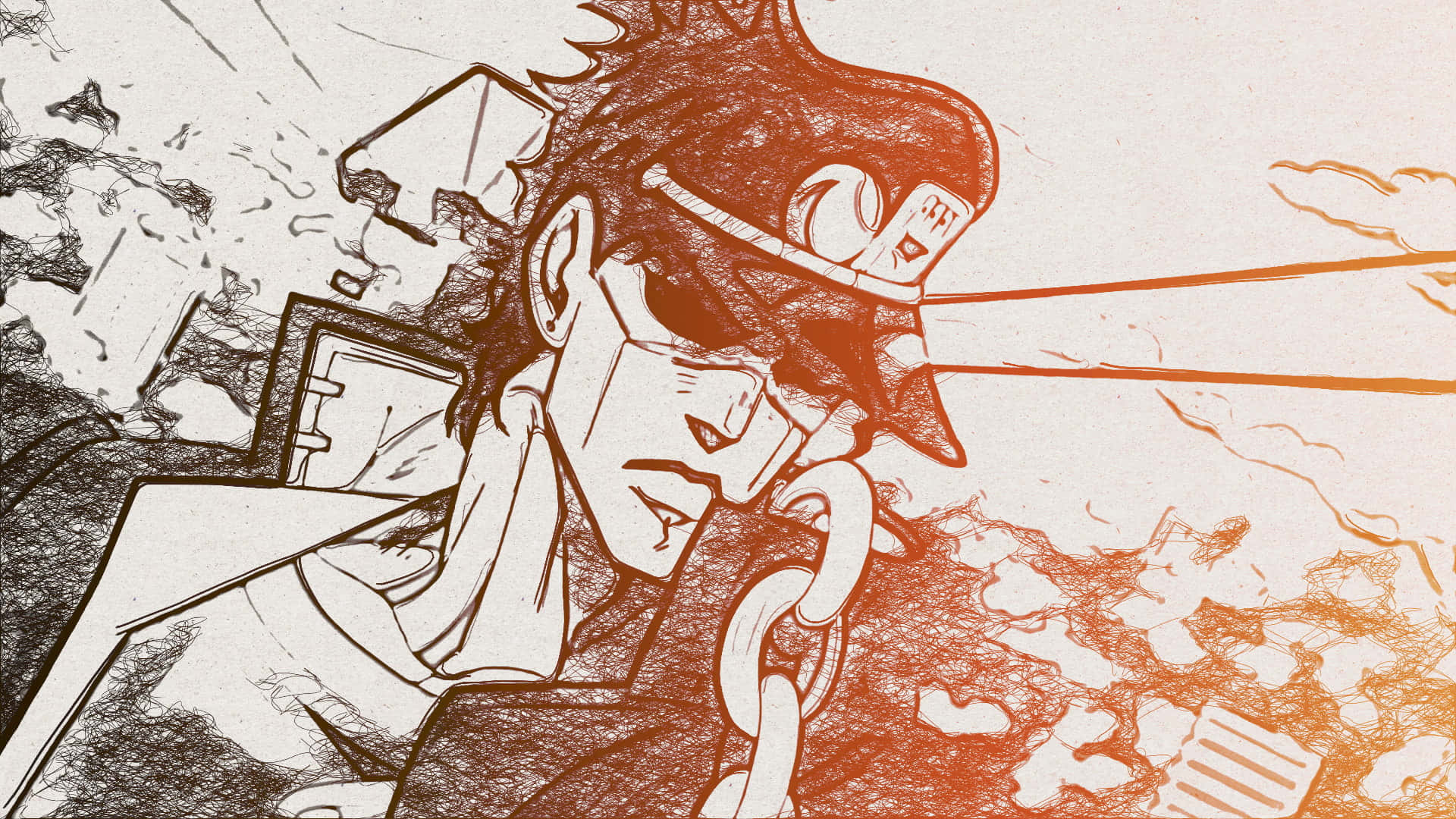 Jotaro Kujo 桌布 壁紙 — 一個充滿動感的動漫角色，頭髮尖刺並戴著帽子，在橙色天空下抓住一條鏈條，周圍是破碎的瓦礫。