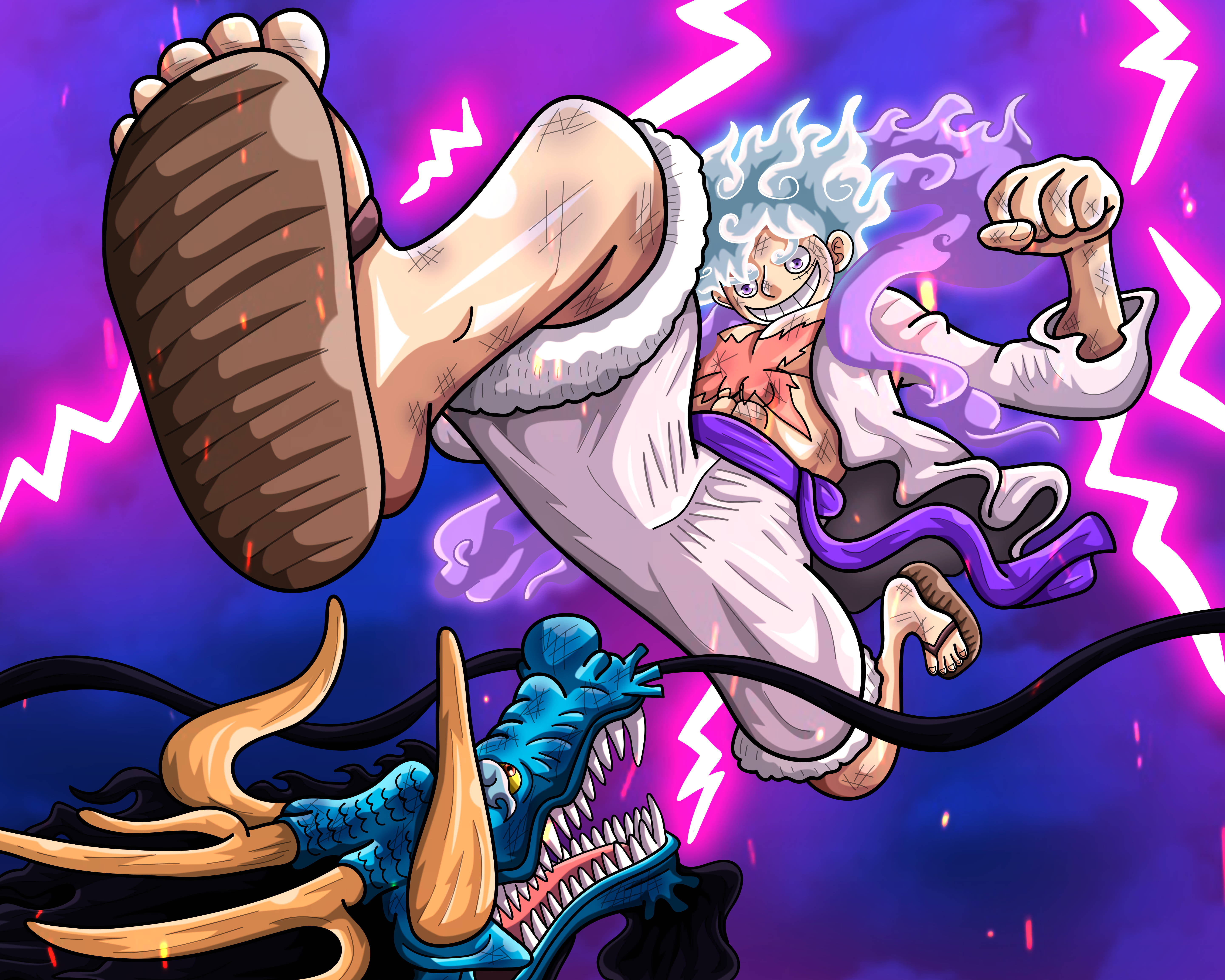 龍 桌布 壁紙 — 一個充滿動感的動漫角色在充滿紫色和粉紅色閃電的背景下，對一條藍龍使出強力一踢。