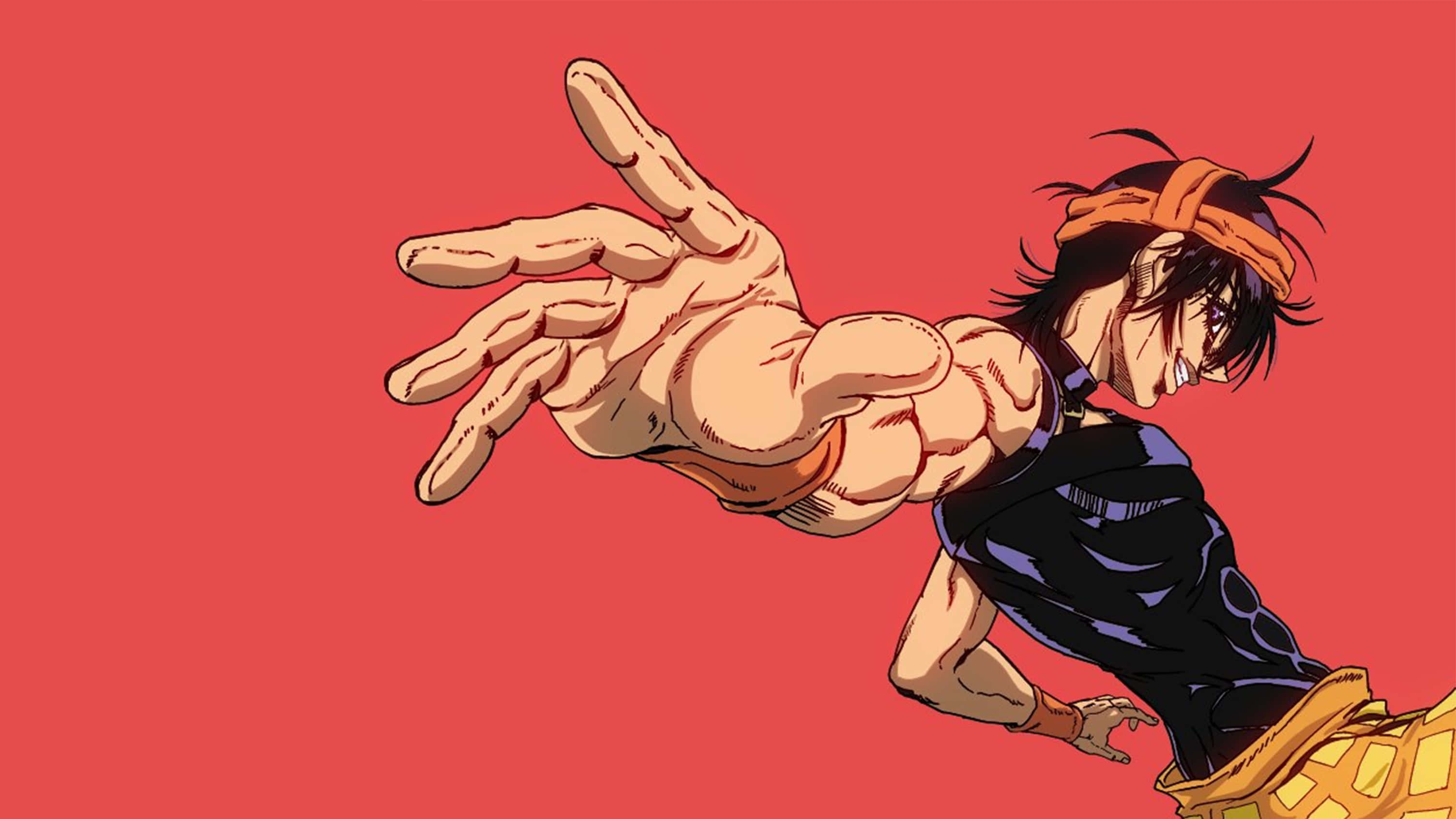 Narancia Ghirga 桌布 壁紙 — 一個充滿動感的動漫角色在純紅色背景前向前衝刺，伸出手臂。