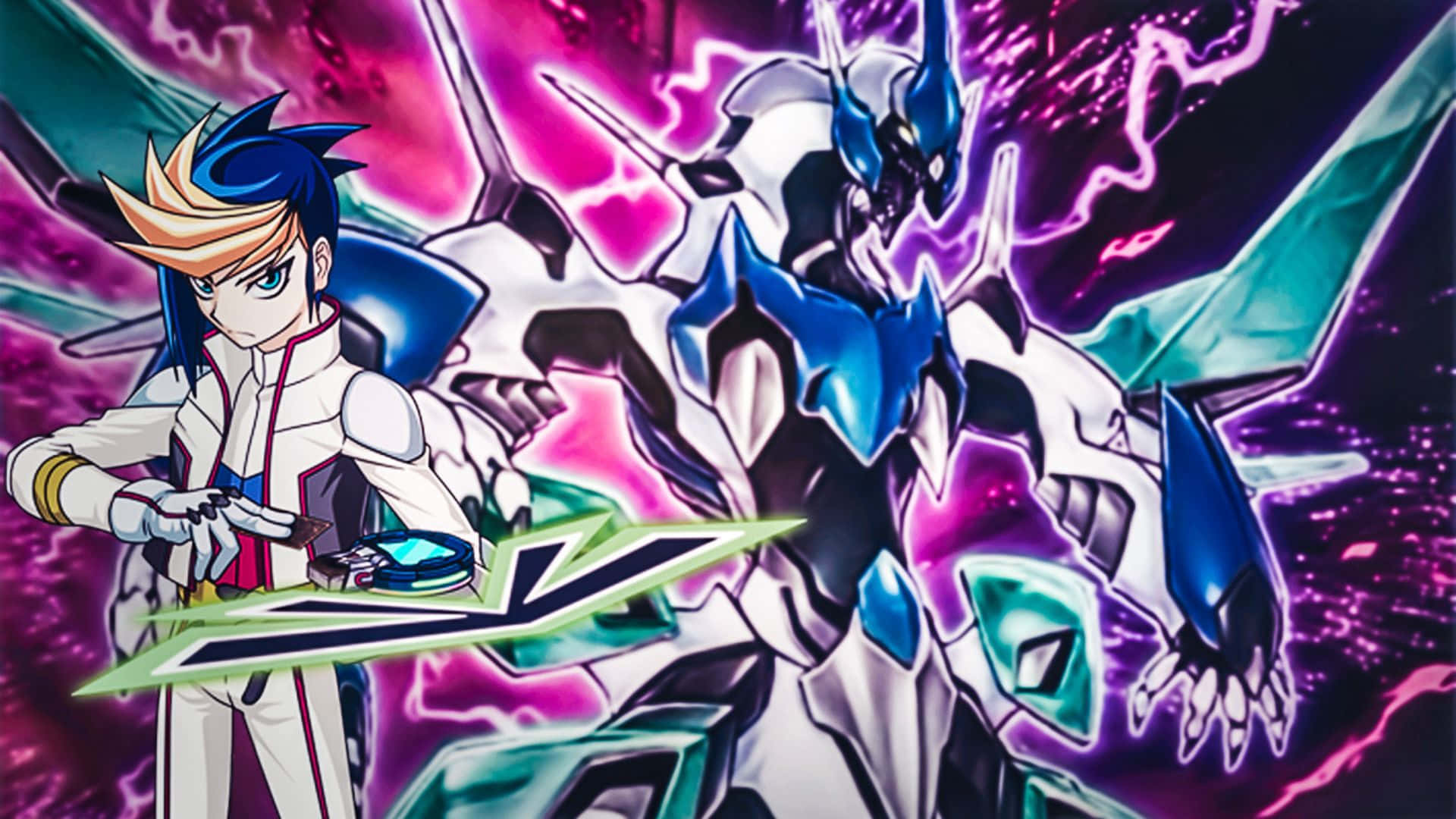 Yu-gi-oh Yugo 桌布 壁紙 — 一個充滿動感的動漫角色在紫色和粉紅色的活力能量風暴中，於高聳的藍白機甲旁揮舞著發光的刀刃。