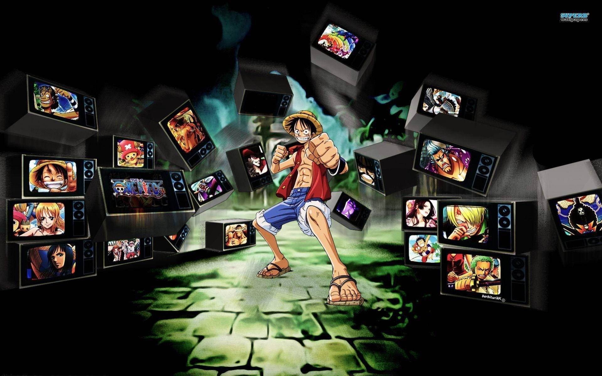 Luffy 桌布 壁紙 — 一個充滿動感的動漫角色挑釁地站在發光的綠色石地板上，周圍環繞著漂浮的電視螢幕，顯示其他角色。
