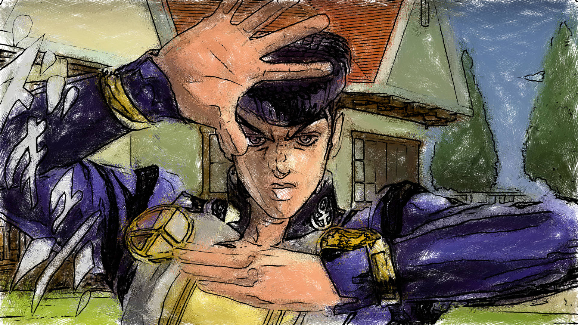 Josuke 桌布 壁紙 — 一個充滿動感的動漫角色穿著紫色服裝，一隻手遮住眼睛，另一隻手拿著金色物體。