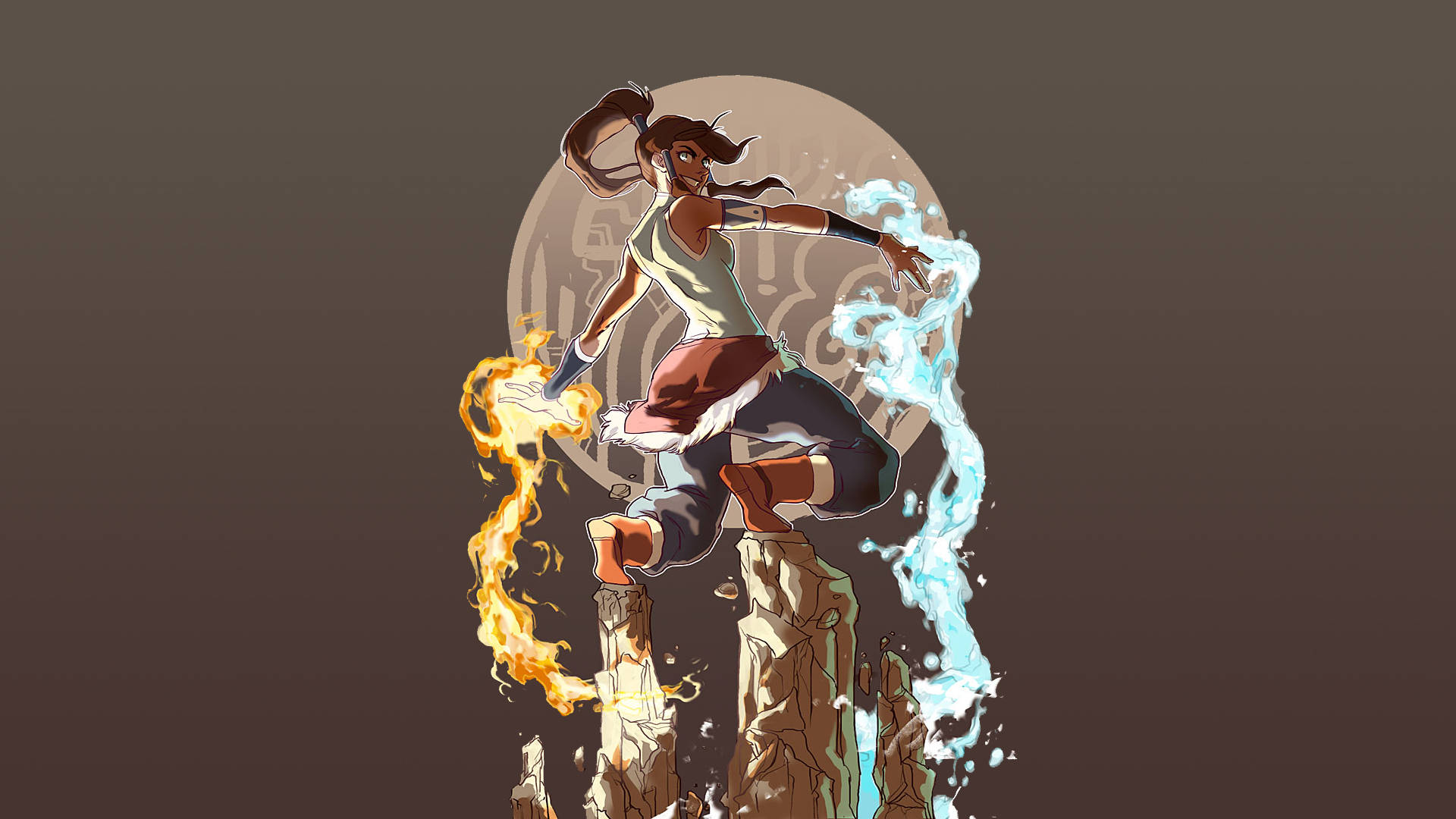 Korra 桌布 壁紙 — 一個充滿動感的動漫角色站在石柱頂端，在月光背景下揮舞著火與水元素。