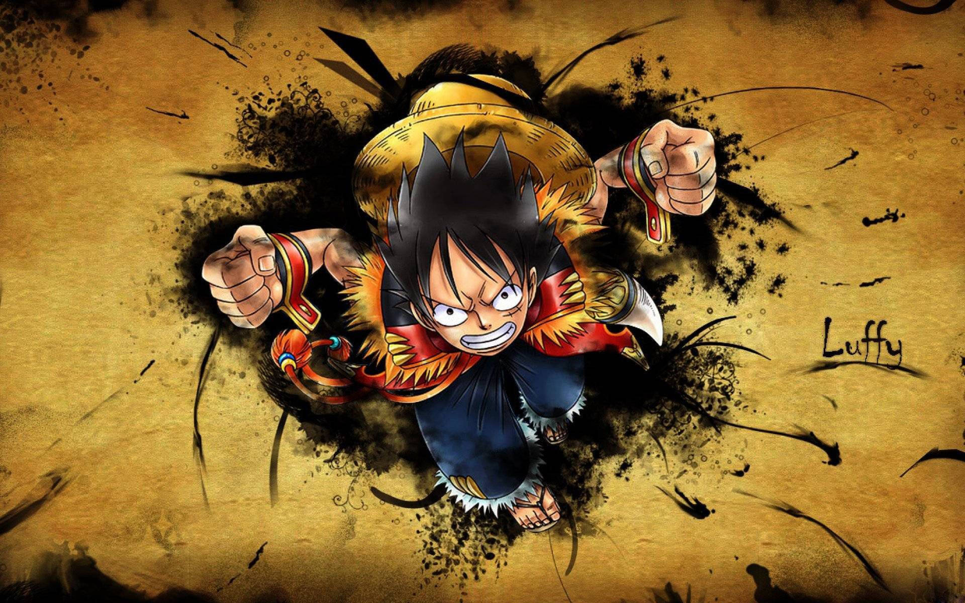 luffy 4K 桌布 壁紙 — 一個充滿動感的動漫角色緊握拳頭，帶著兇猛的表情衝破紋理背景。