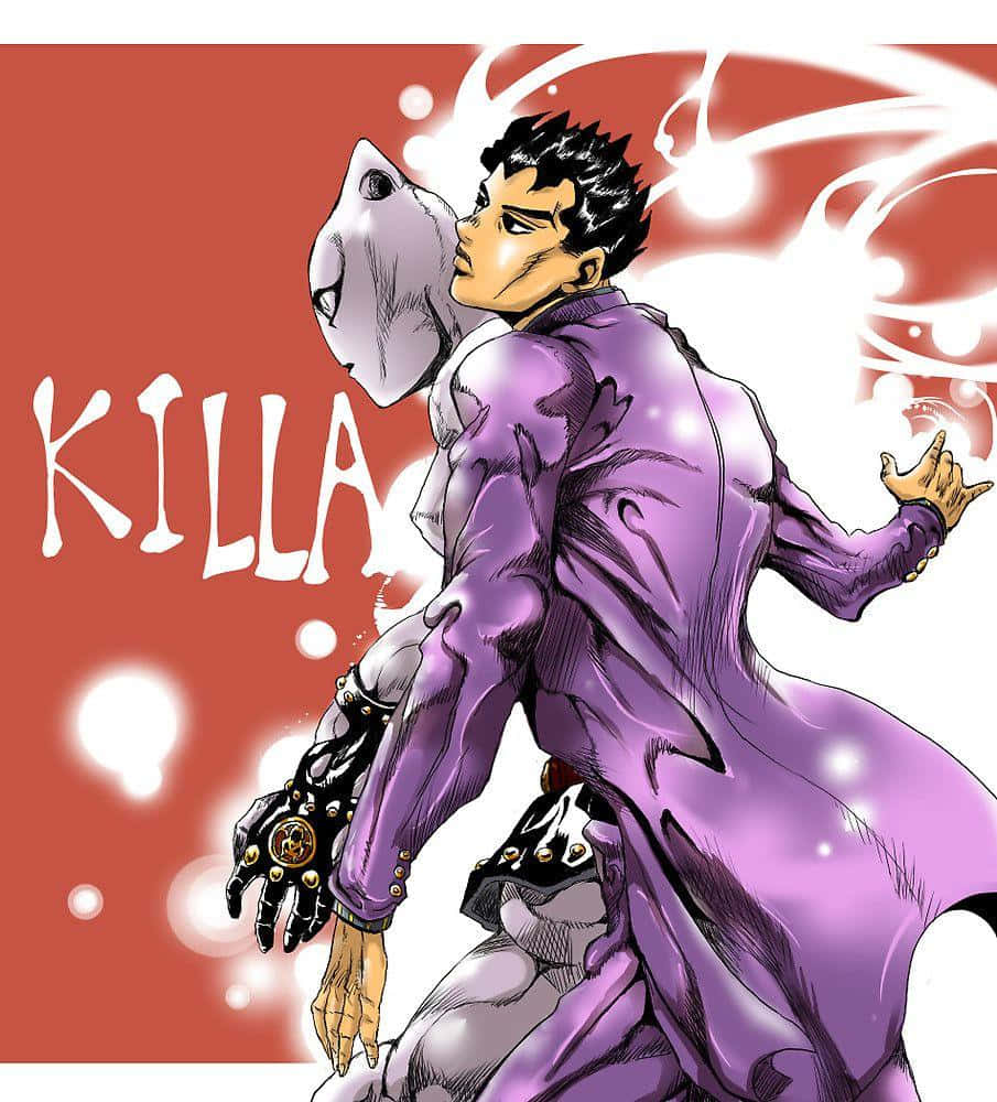 Kira Yoshikage 桌布 壁紙 — 一個充滿動感的動漫角色身穿紫色外套，站在一個白色面具人物旁邊，背景為紅色，帶有發光效果和「KILLA」字樣。