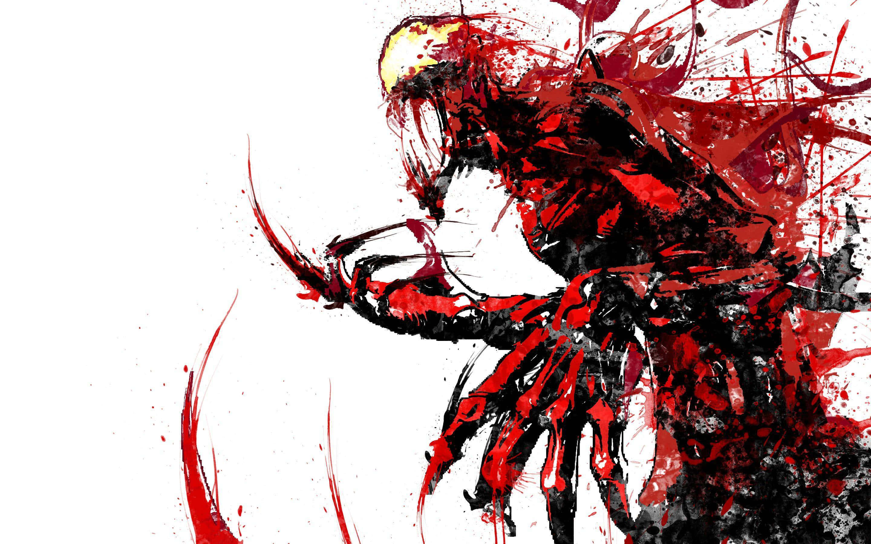 Spider Carnage 桌布 壁紙 — 一個充滿動感的動漫風格戰士，帶有紅色和黑色的潑濺油漆筆觸，在純白色背景上向前衝刺。
