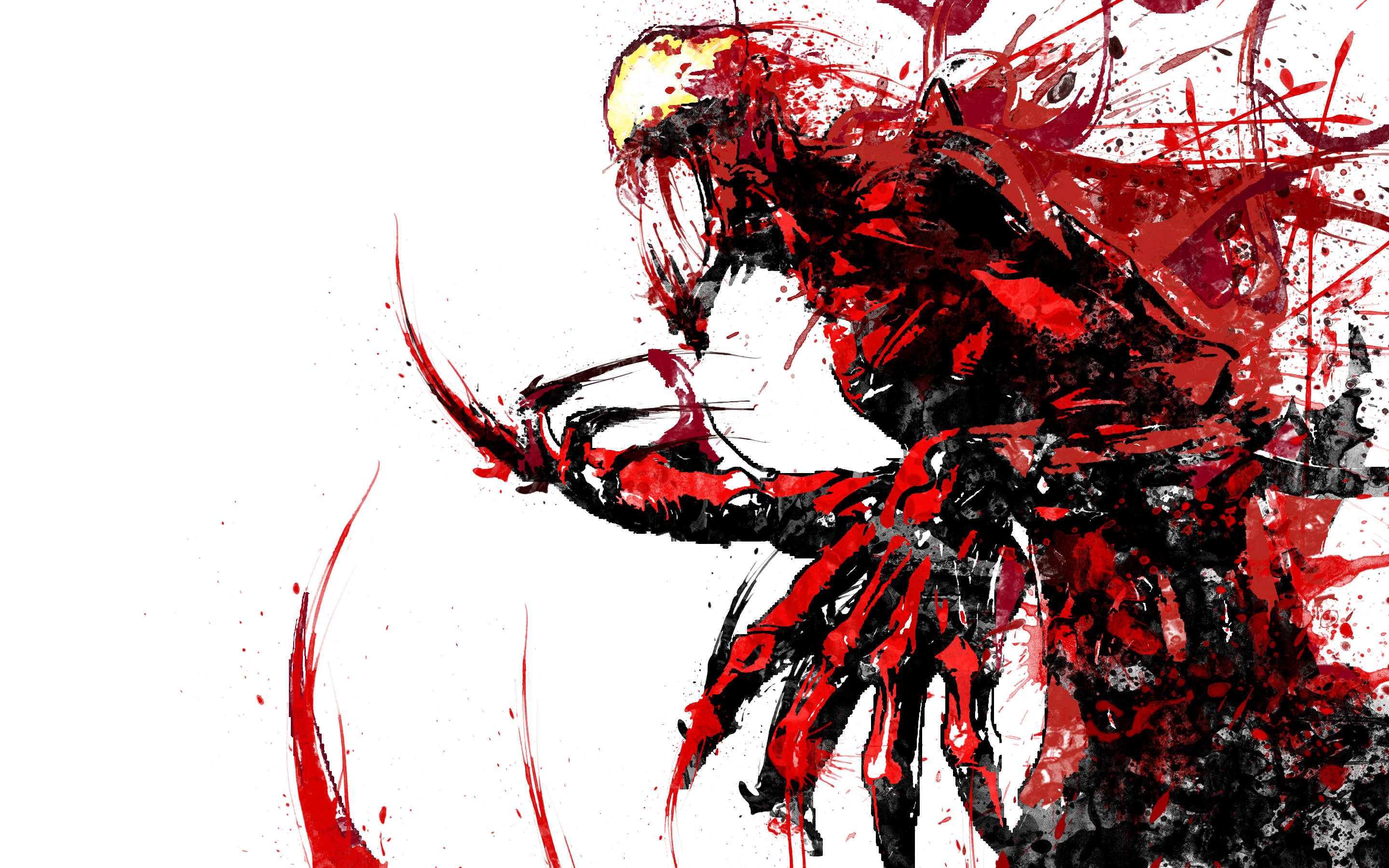 Carnage 桌布 壁紙 — 一個充滿動感的動漫風格戰士，帶有紅色和黑色的飛濺油漆筆觸，在純白色背景上向前衝刺。