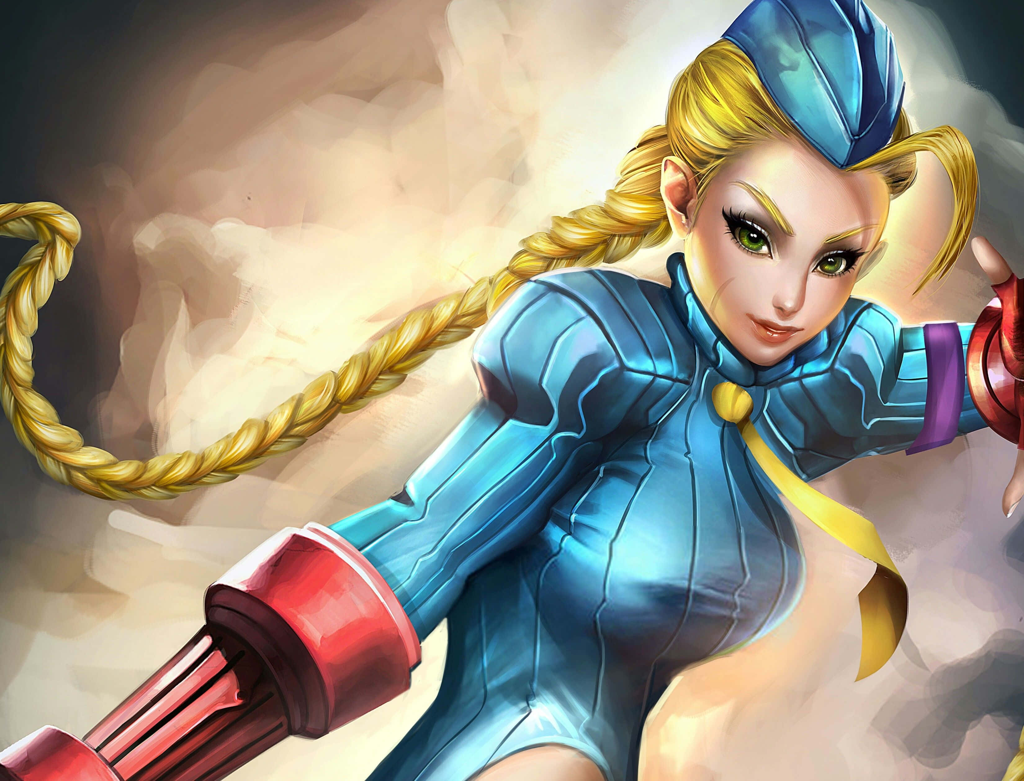 Street Fighter Characters 桌布 壁紙 — 一個充滿動感的動漫風格戰士，金色辮子和藍色盔甲，在煙霧繚繞的背景中向前衝刺。