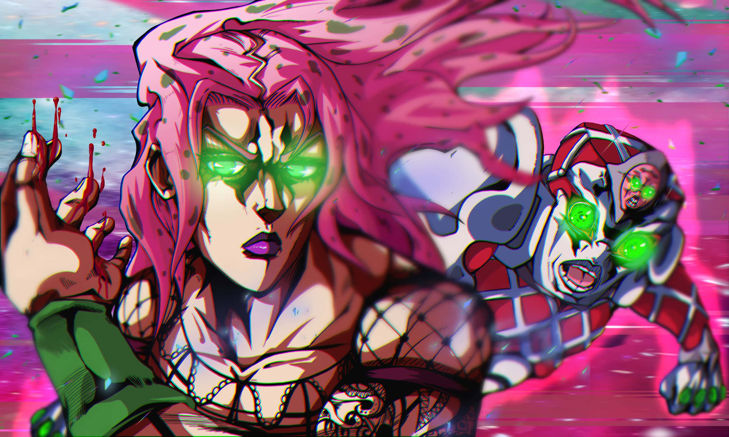 Jojo King Crimson 桌布 壁紙 — 一個充滿動感的動漫風格戰鬥場景，兩個角色擁有發光的綠色眼睛和粉紅色頭髮，背景是鮮豔的粉紅色和紫色。