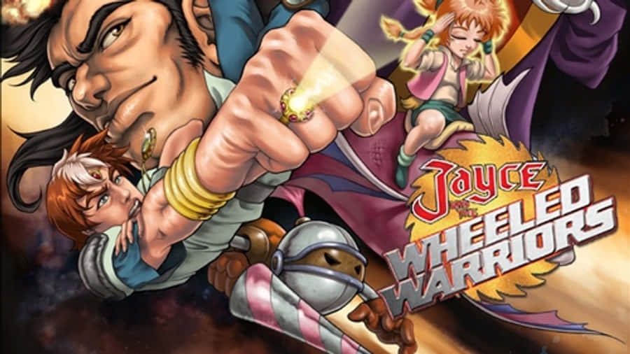 Jayce And The Wheeled Warriors 桌布 壁紙 — 一個充滿動感的動漫風格插圖，描繪一個肌肉發達的男人向前揮拳，同時抱著一個孩子，肩上有一個女孩，下面有一個機器人同伴。