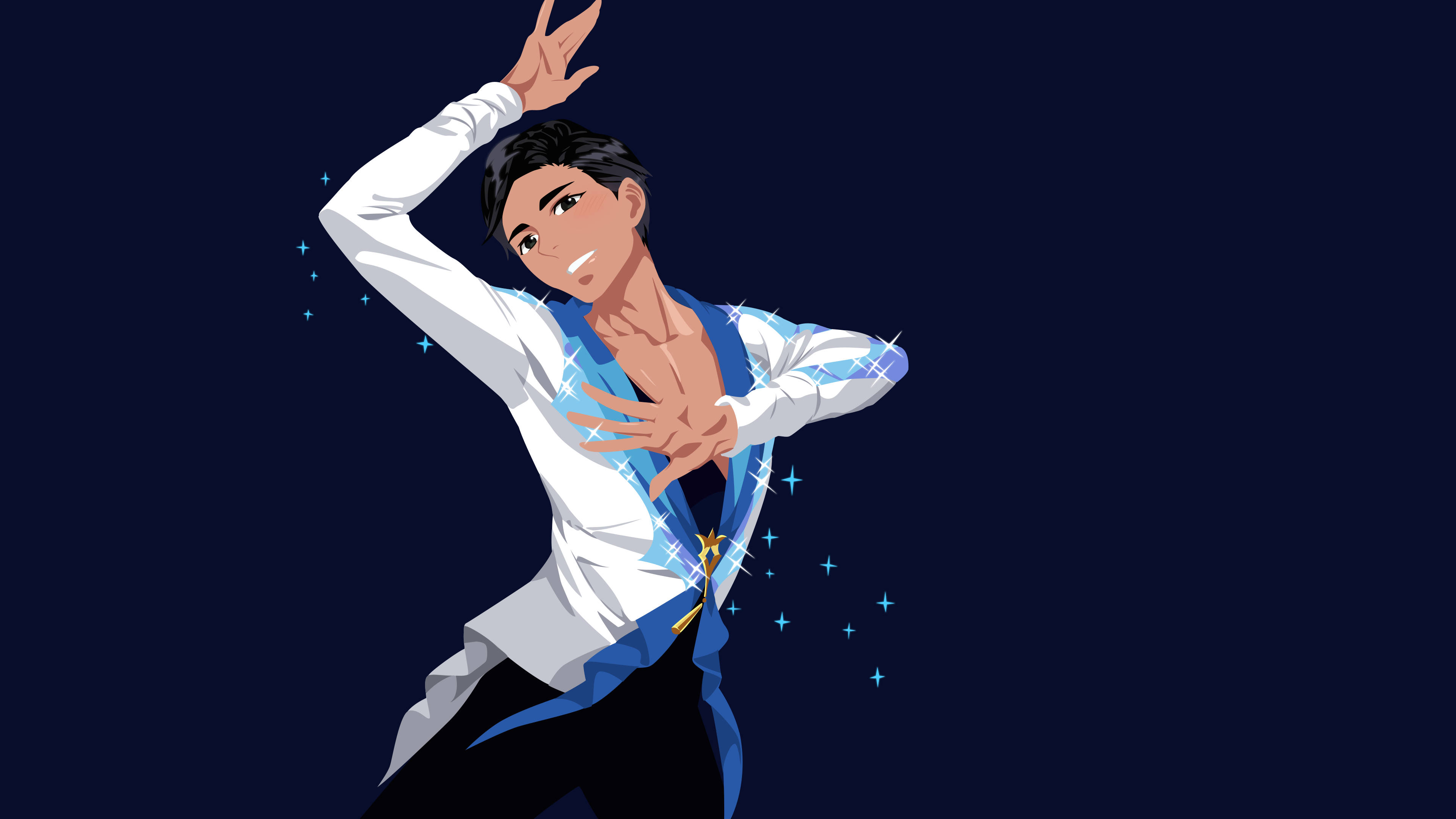 yuri 桌布 壁紙 — 一個充滿動感的動漫風格男性角色，身穿白色和藍色服裝，在深藍色背景上擺出優雅的姿勢，帶有閃爍的藍色點綴。