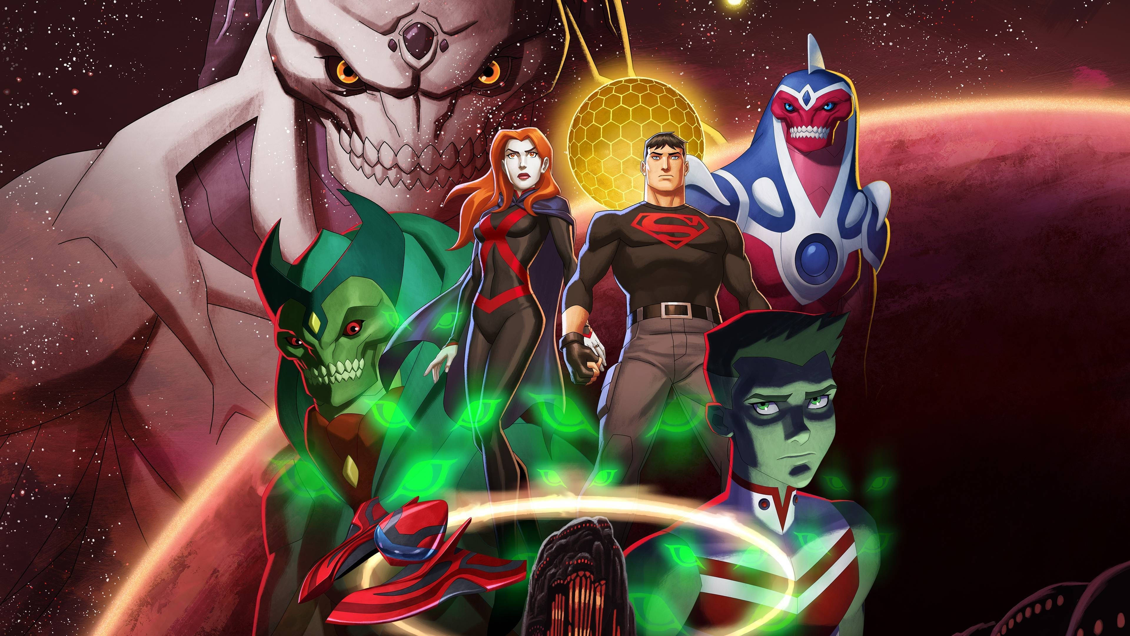 Young Justice 桌布 壁紙 — 一個充滿動感的動漫風格超級英雄和反派群體，在帶有發光綠色能量的宇宙背景下挑釁地站立。