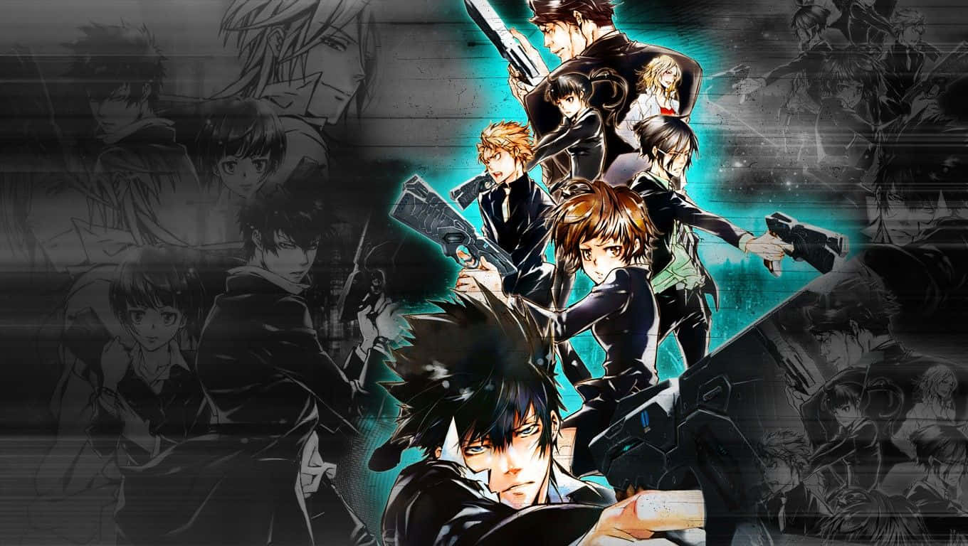 Shinya Kogami 桌布 壁紙 — 一個充滿動感的動畫團體，身穿深色西裝的武裝角色站在粗糙的黑白背景前，帶有發光的青綠色點綴。