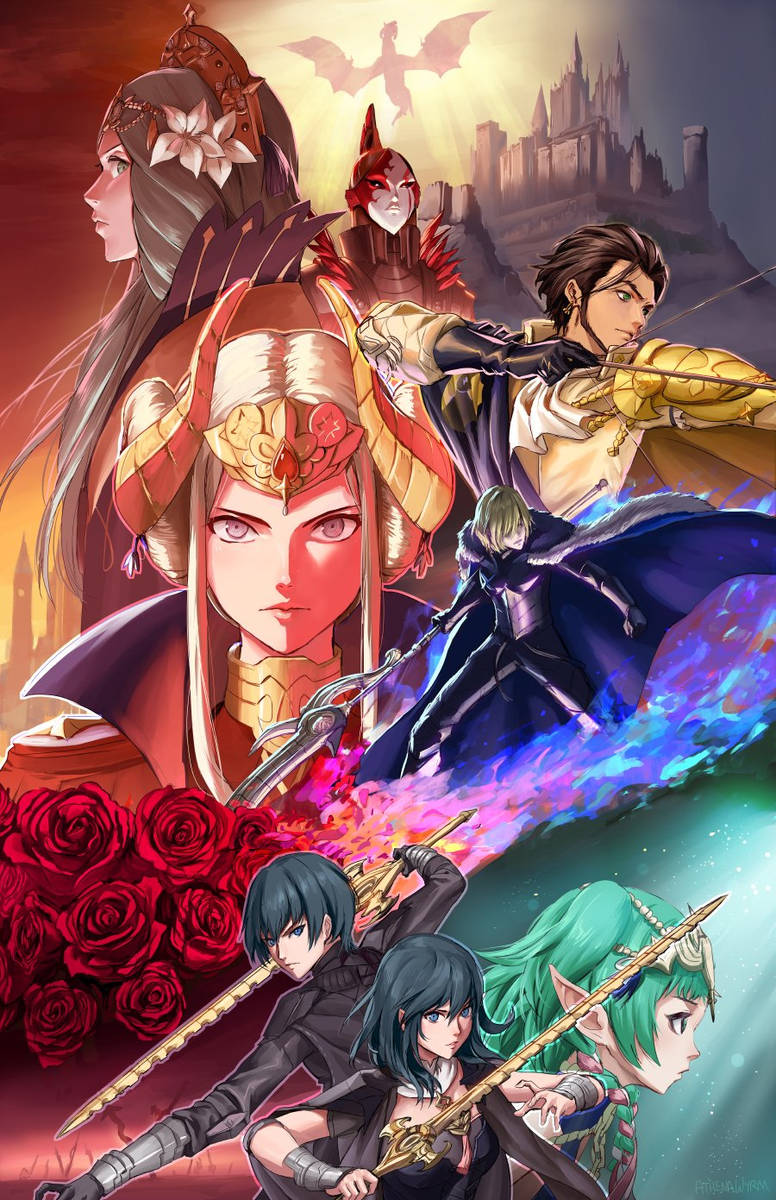 城堡日落下的奇幻動畫戰士，手持劍與魔法。 — Fire Emblem Warriors 壁紙