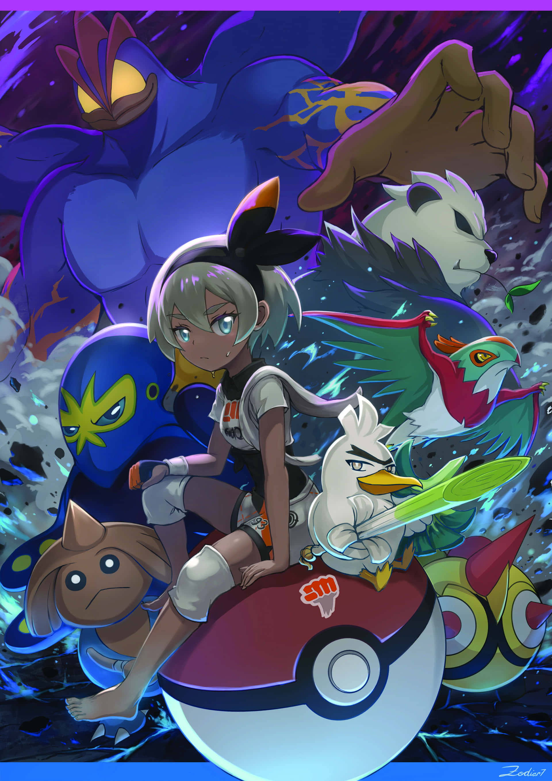 Machamp 桌布 壁紙 — 一個充滿動感的動畫女孩，灰色頭髮和黑色蝴蝶結，坐在發光的精靈球上，被七隻兇猛的寶可夢包圍，在宇宙戰鬥場景中。