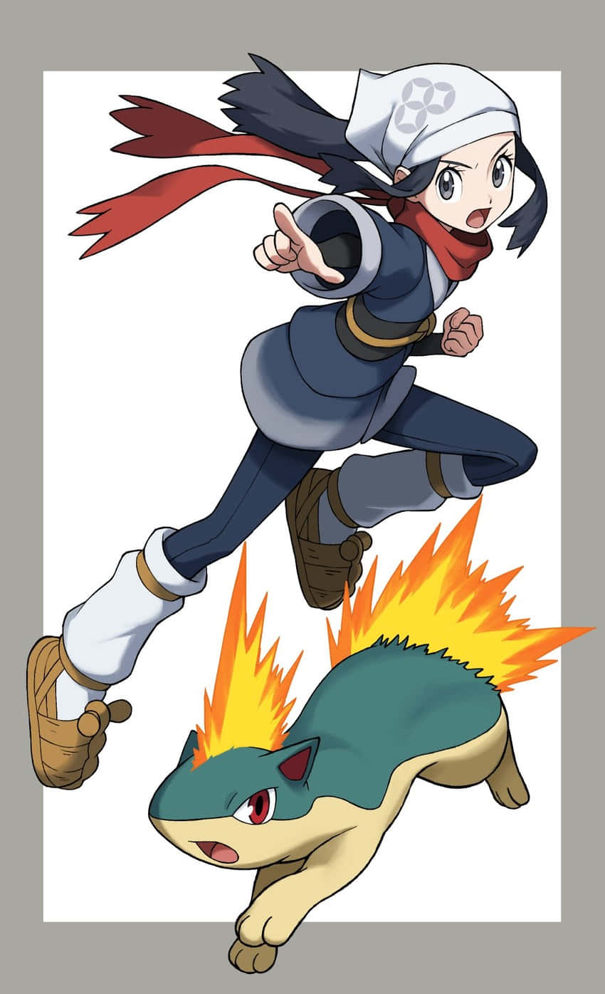 Pokémon 手機 桌布 壁紙 — 一個充滿動感的動畫女孩，身穿藍色裝備和紅色圍巾，與一隻火焰般的綠色和黃色寶可夢一起跳躍奔跑。