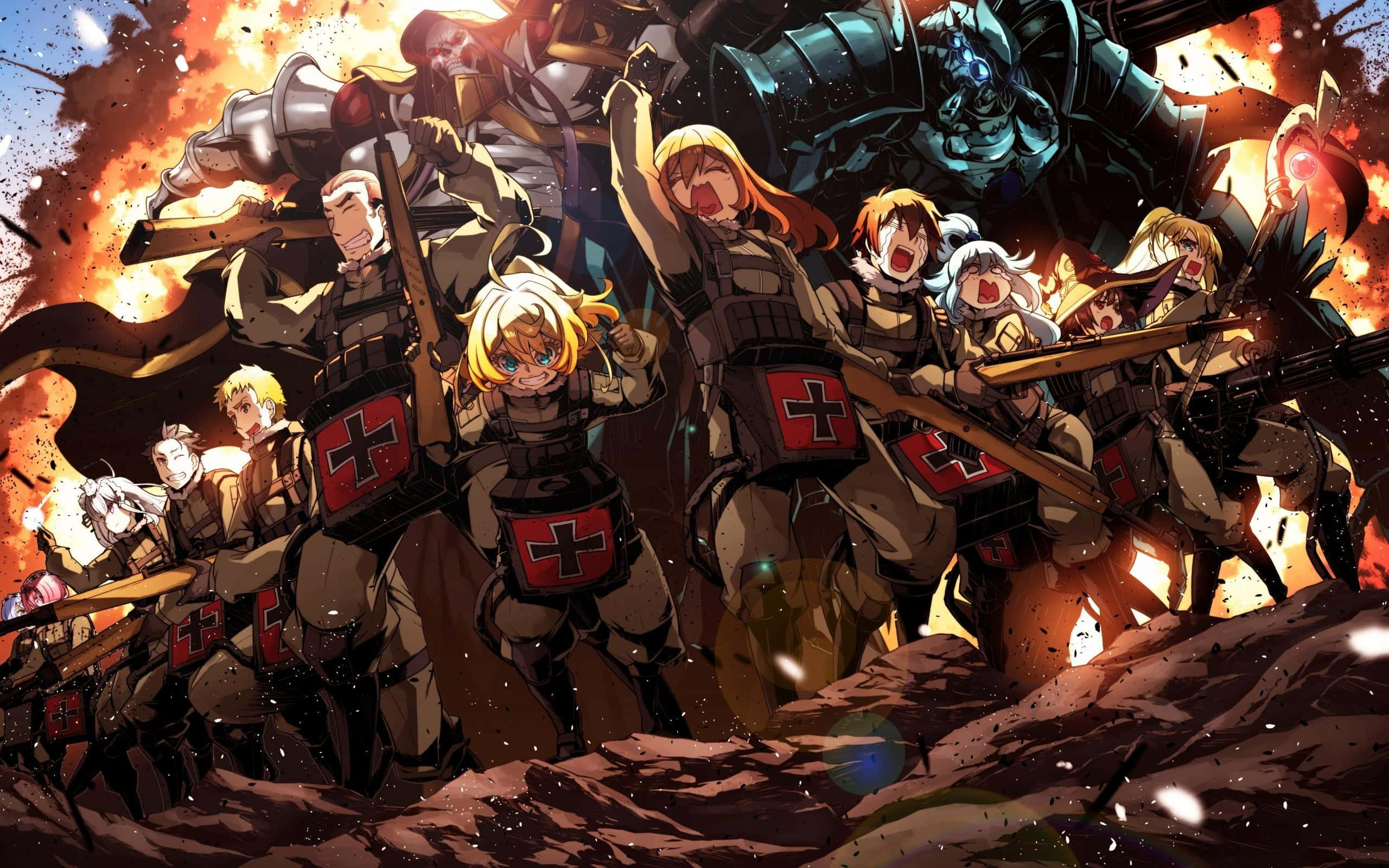 Overlord 桌布 壁紙 — 一個充滿動感的動畫戰鬥場景，裝甲戰士在熾熱的爆炸中揮舞長矛對抗巨大的機械敵人。