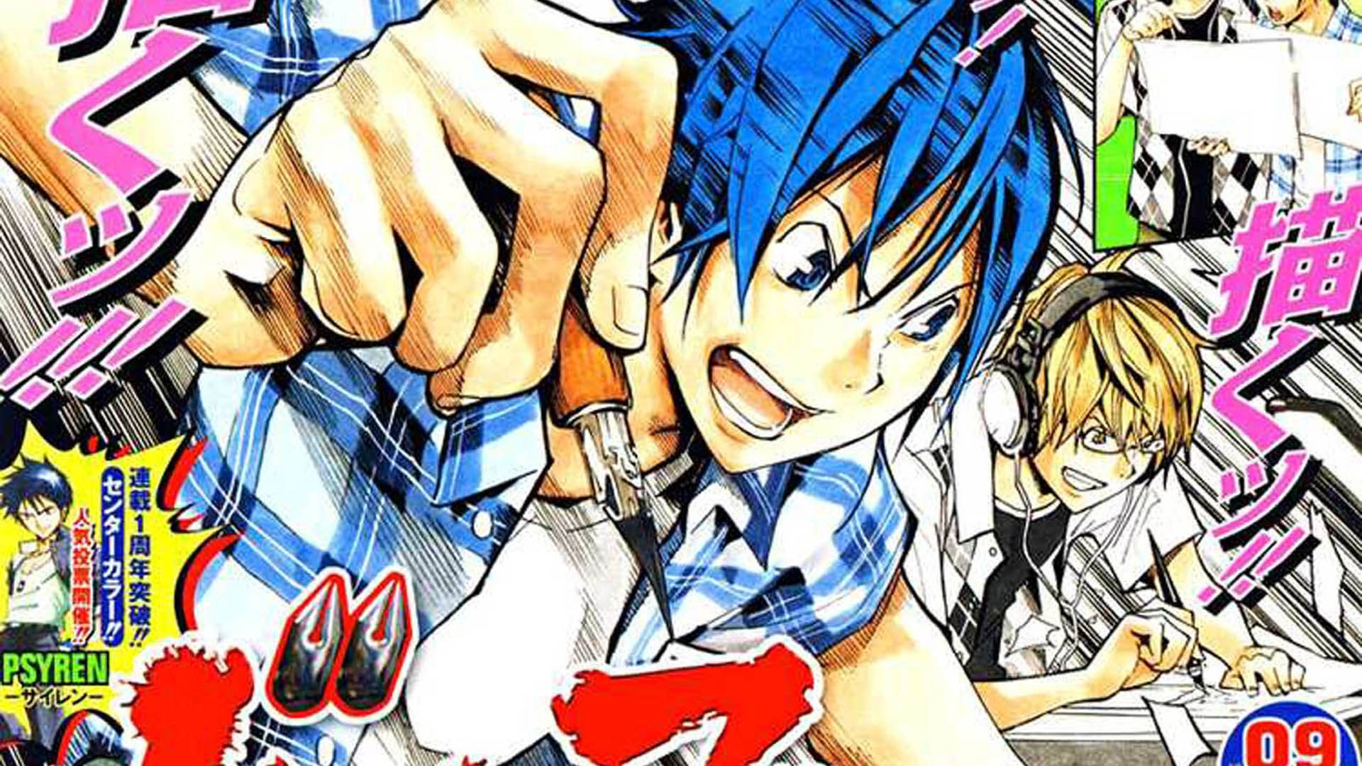 Bakuman 桌布 壁紙 — 一個充滿動感的動畫漫畫面板顯示一個藍髮男孩熱情地用鉛筆畫畫，而另一個金髮男孩在他旁邊素描。
