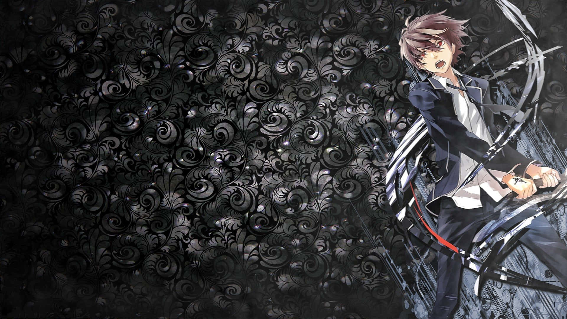 Emo Anime Boy 桌布 壁紙 — 一個充滿動感的動畫男孩穿著深色西裝，在旋轉的黑色華麗圖案中緊握著一個破碎的時鐘。