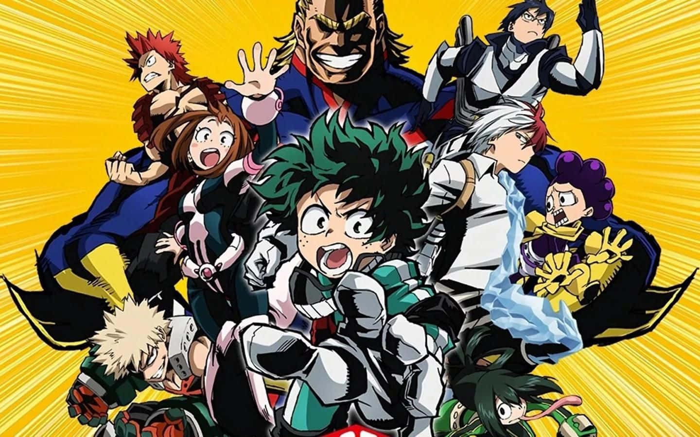 My Hero Academia Laptop 桌布 壁紙 — 一個充滿動感的動畫英雄團體，擁有尖刺頭髮和色彩繽紛的服裝，從耀眼的黃色背景中迸發出來。