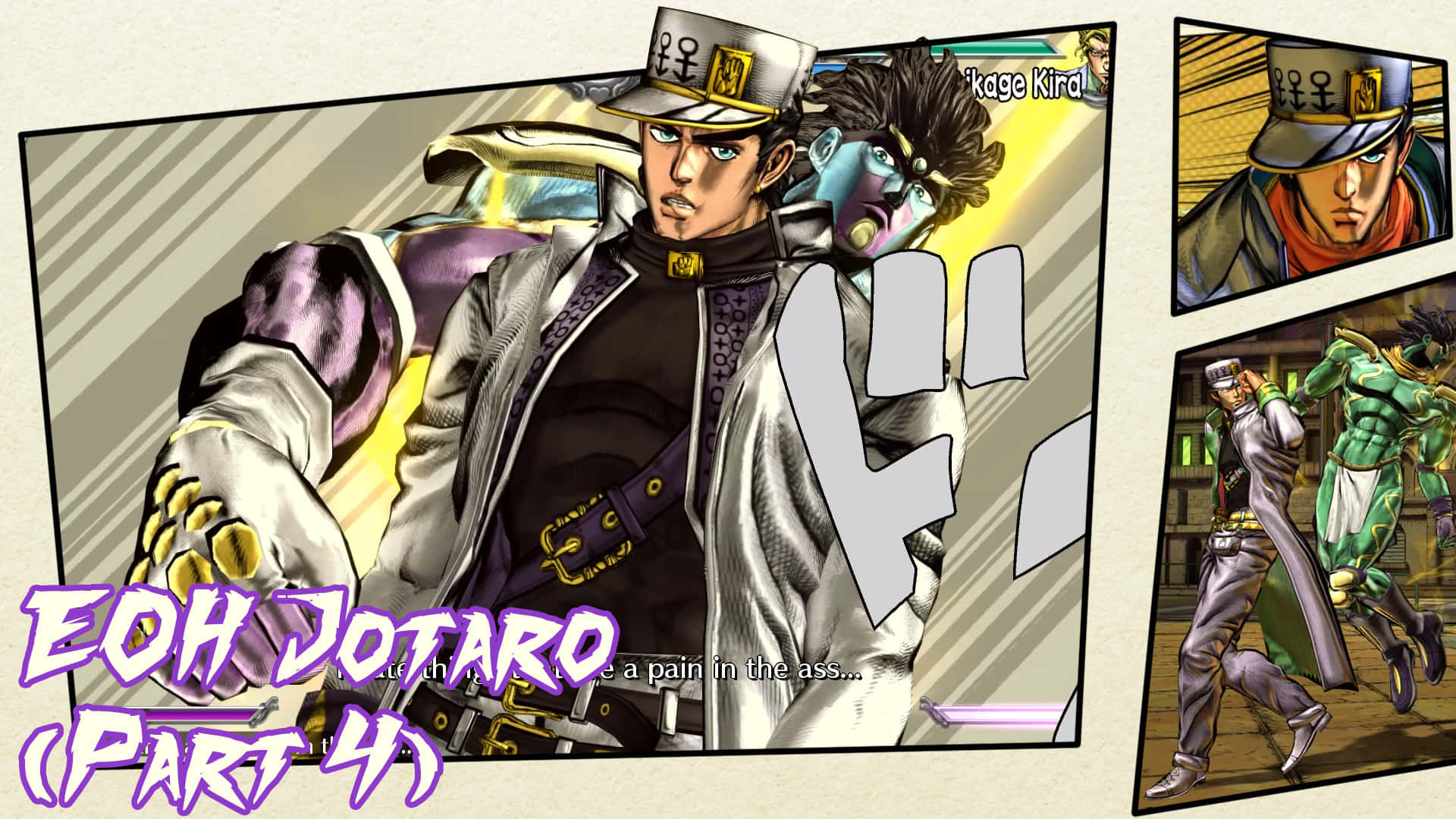 承太郎 桌布 壁紙 — 一個充滿動感的動畫面板， featuring JoJo's Bizarre Adventure 角色 Jotaro Kujo 穿著他標誌性的白色外套和帽子，自信地站立，他的替身夥伴 Kira 在他身邊。