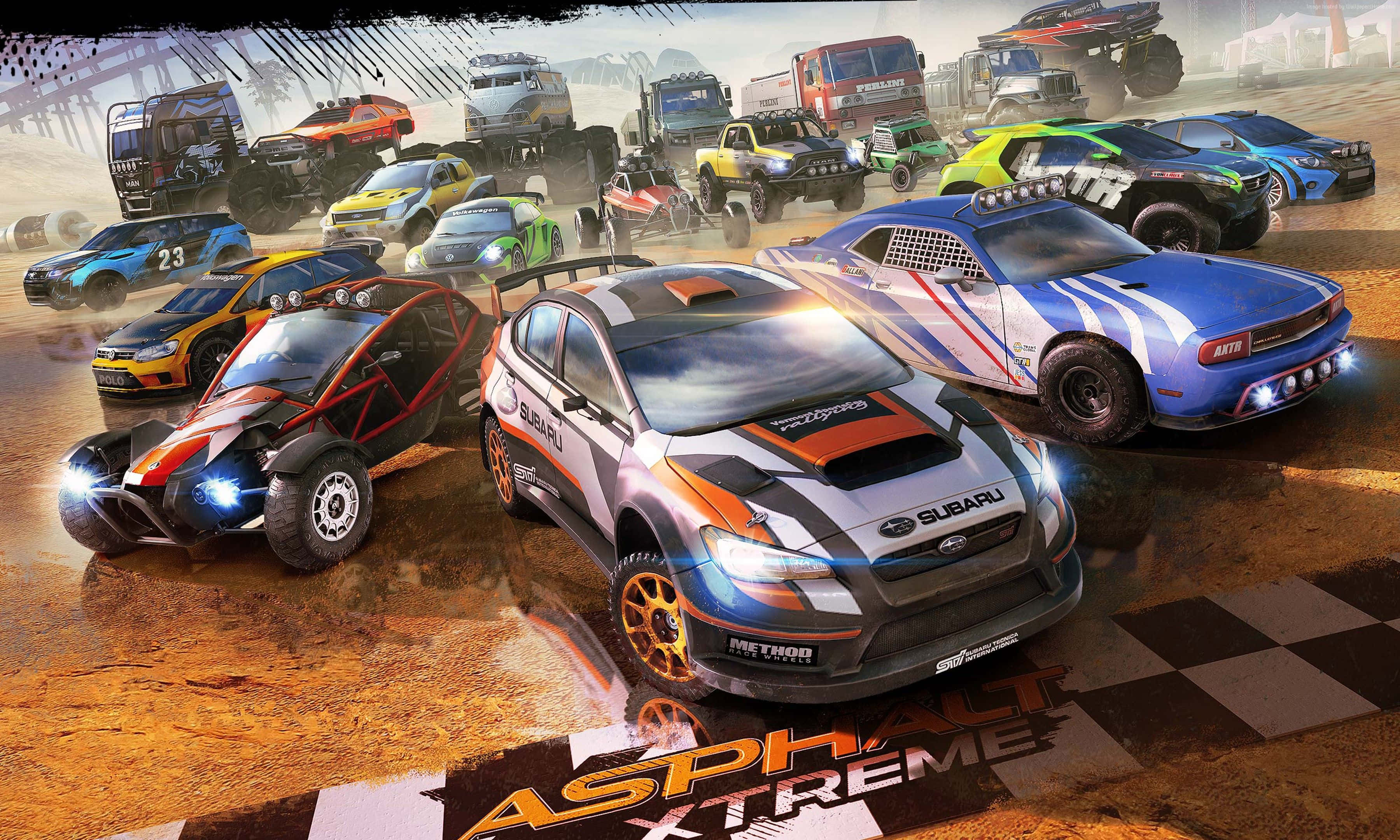 Racing Games 桌布 壁紙 — 一個充滿動感的拉力賽場景，多款改裝車在塵土飛揚的賽道上疾馳，終點線為黑白方格旗。