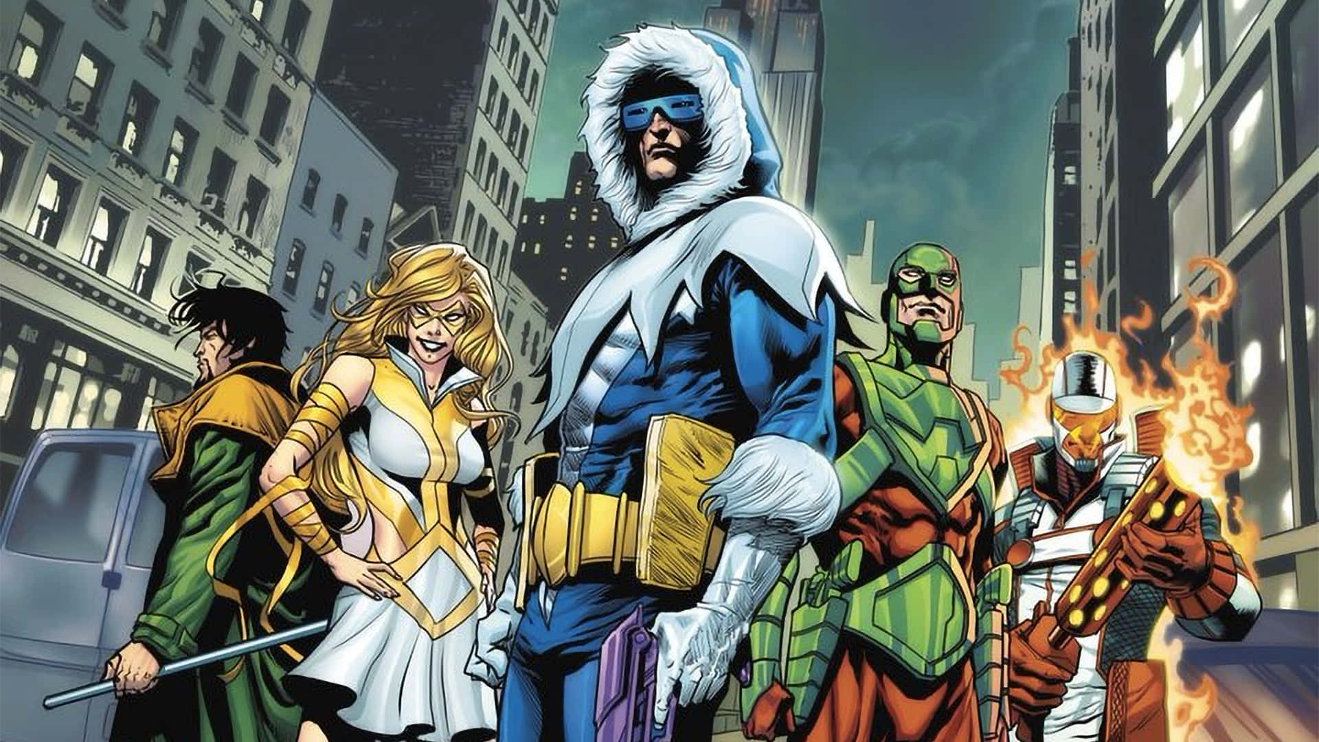 Supervillain Team-up 桌布 壁紙 — 一個充滿動感的漫畫超級英雄團隊在夜晚的 gritty 城市小巷中準備就緒。