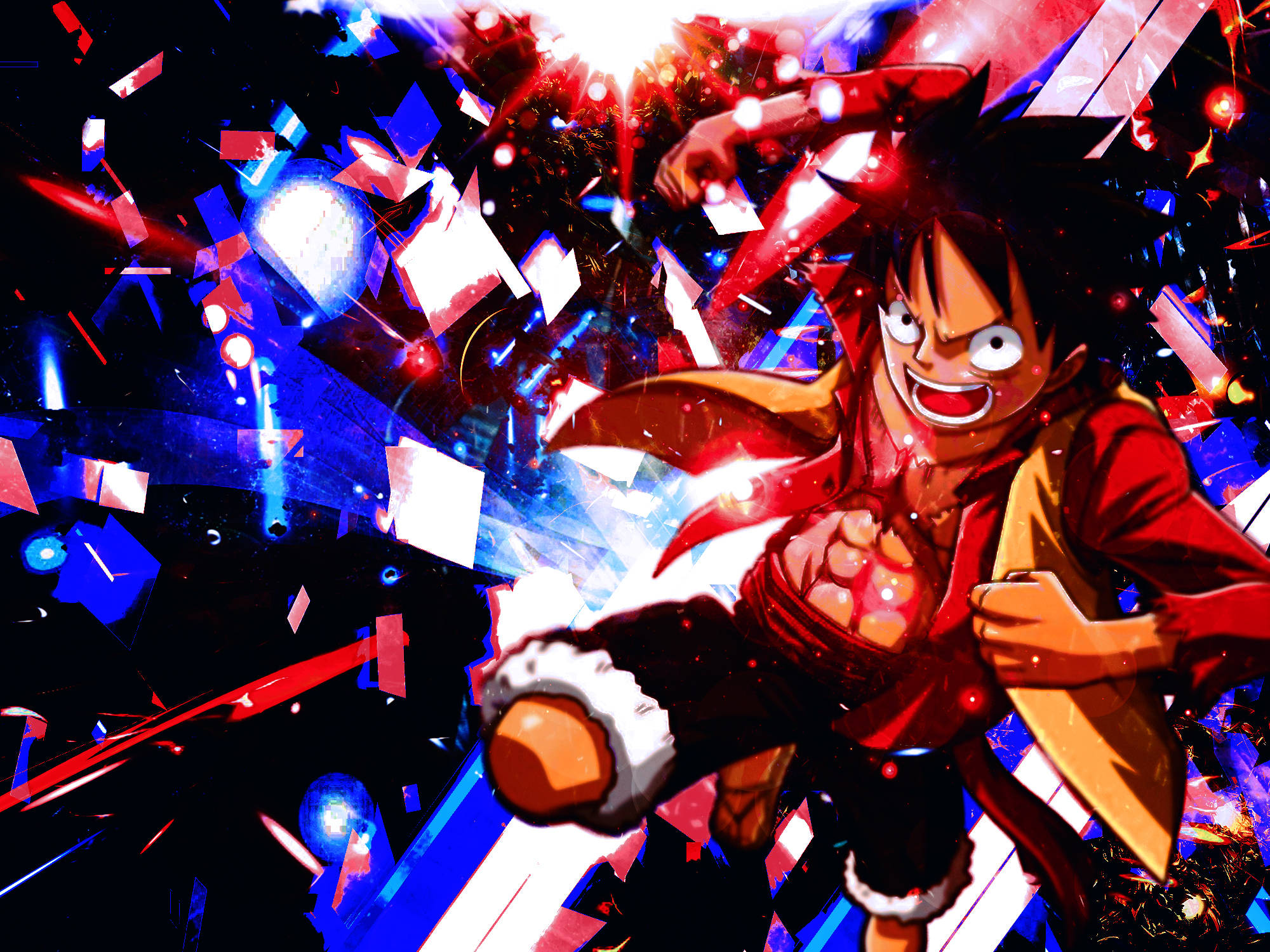 Luffy 桌布 壁紙 — 一個充滿動感的紅色和黃色動漫角色，在藍色和紅色能量碎片爆發中釋放出強力一拳。