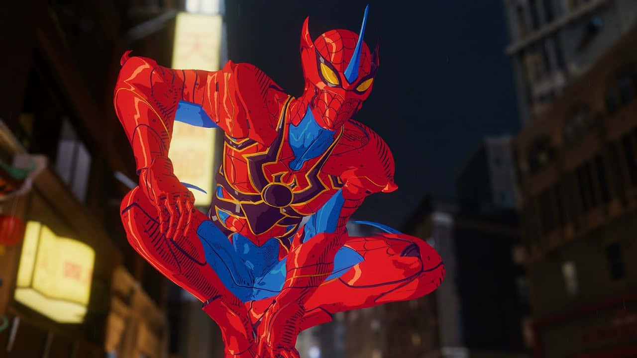 Arachnid 桌布 壁紙 — 一個充滿動感的紅藍蜘蛛俠在夜間霓虹燈閃爍的城市景觀中半空中蹲伏。