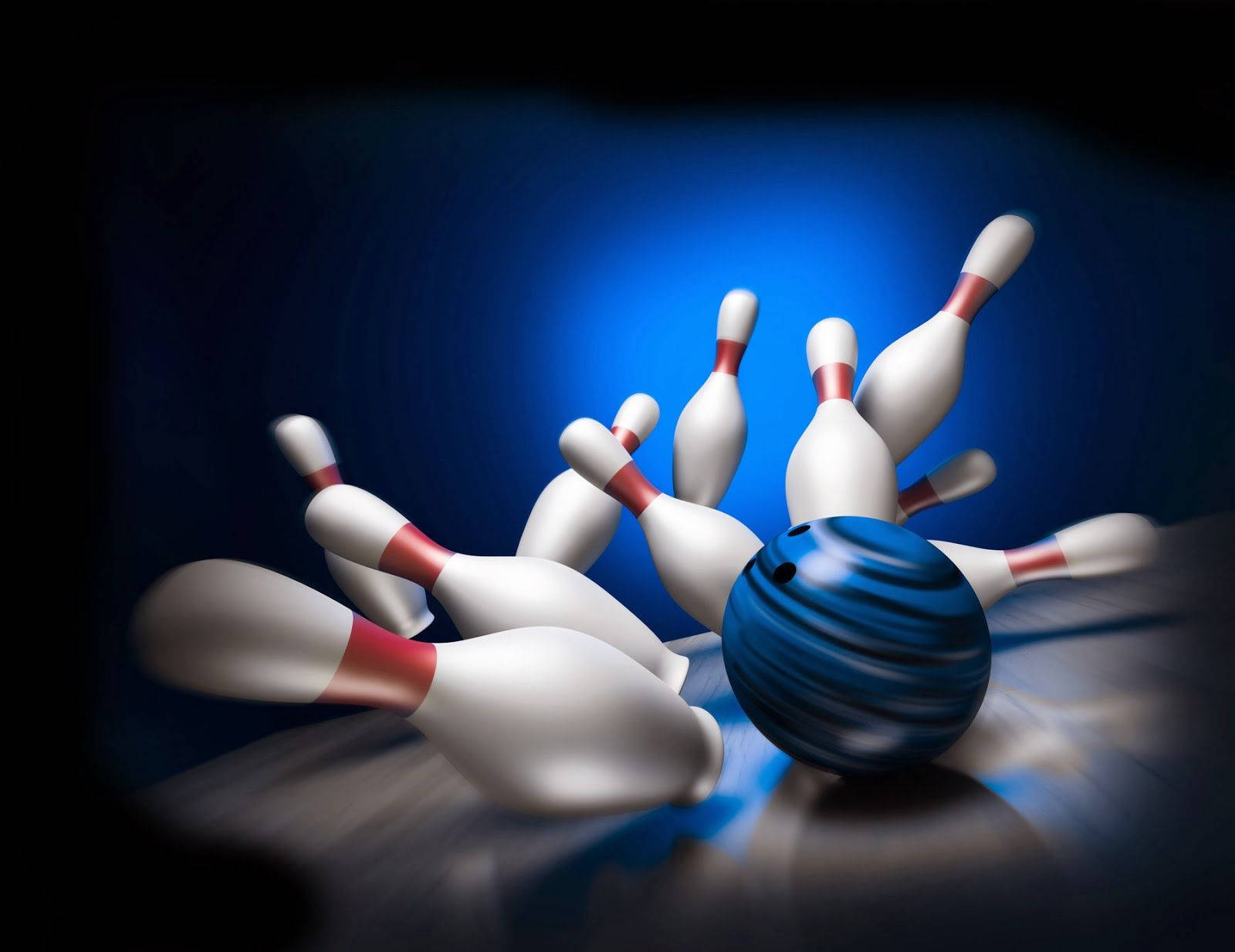 bowling pin 桌布 壁紙 — 一個充滿動感的藍色保齡球在發光的藍色背景下撞擊白色和紅色的球瓶。