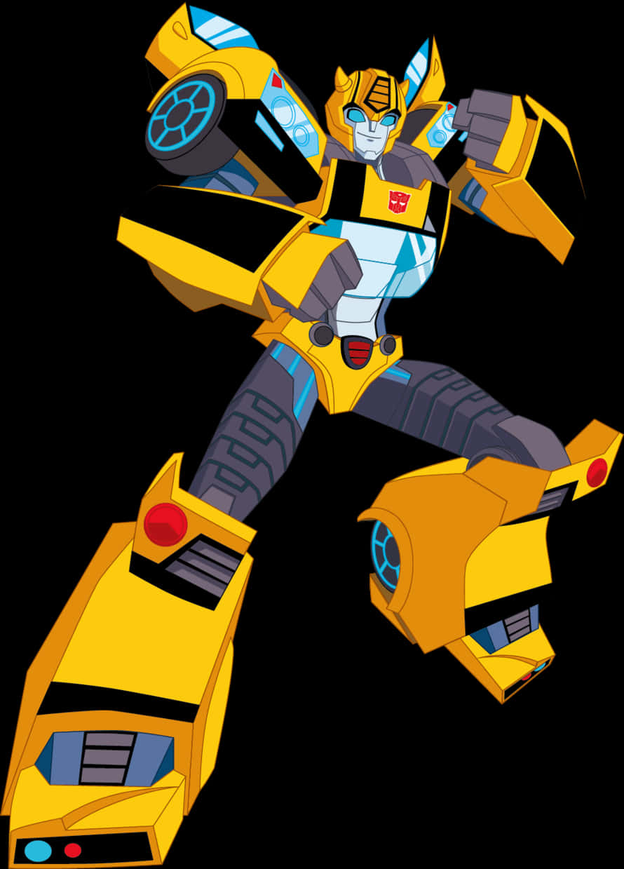 Bumblebee 桌布 壁紙 — 一個充滿動感的黃藍色機器人帶有汽車零件，以英雄姿態站在黑色背景前。