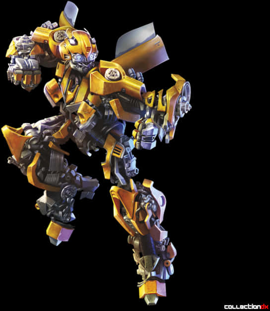 Bumblebee 桌布 壁紙 — 一個充滿動感的黃黑機器人以強而有力的姿勢站在黑色背景前。