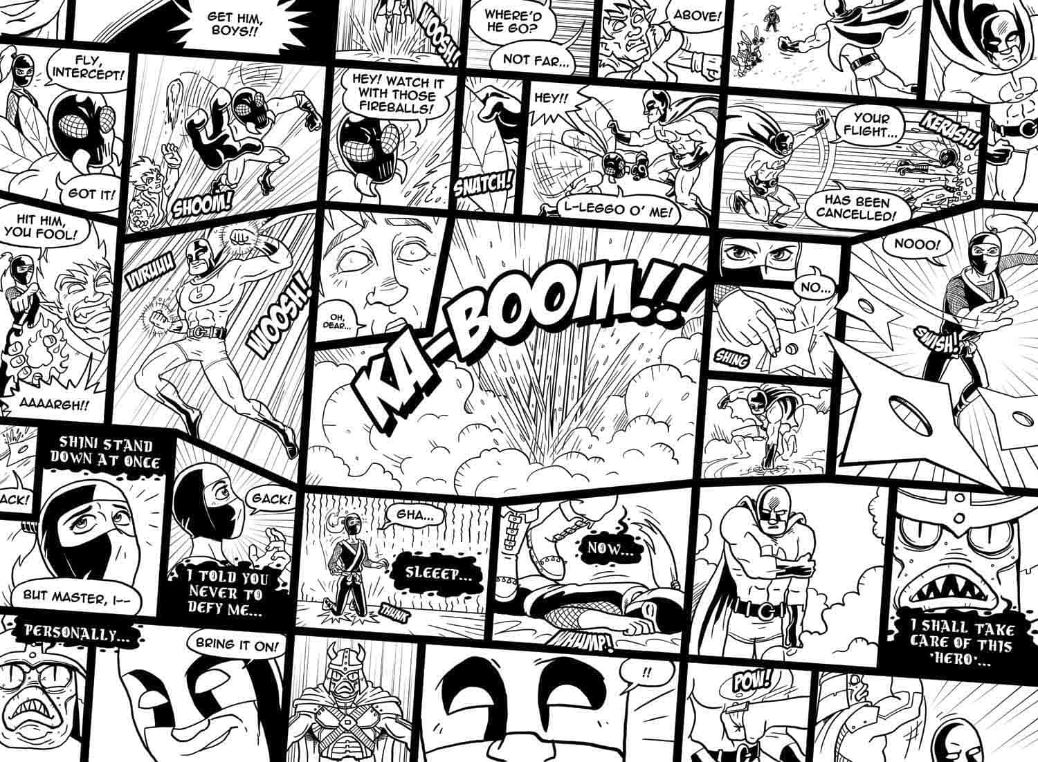 Black And White Comic 桌布 壁紙 — 一個充滿動感的黑白漫畫面板拼貼畫，充滿了動作對話氣泡和誇張的超級英雄表情。