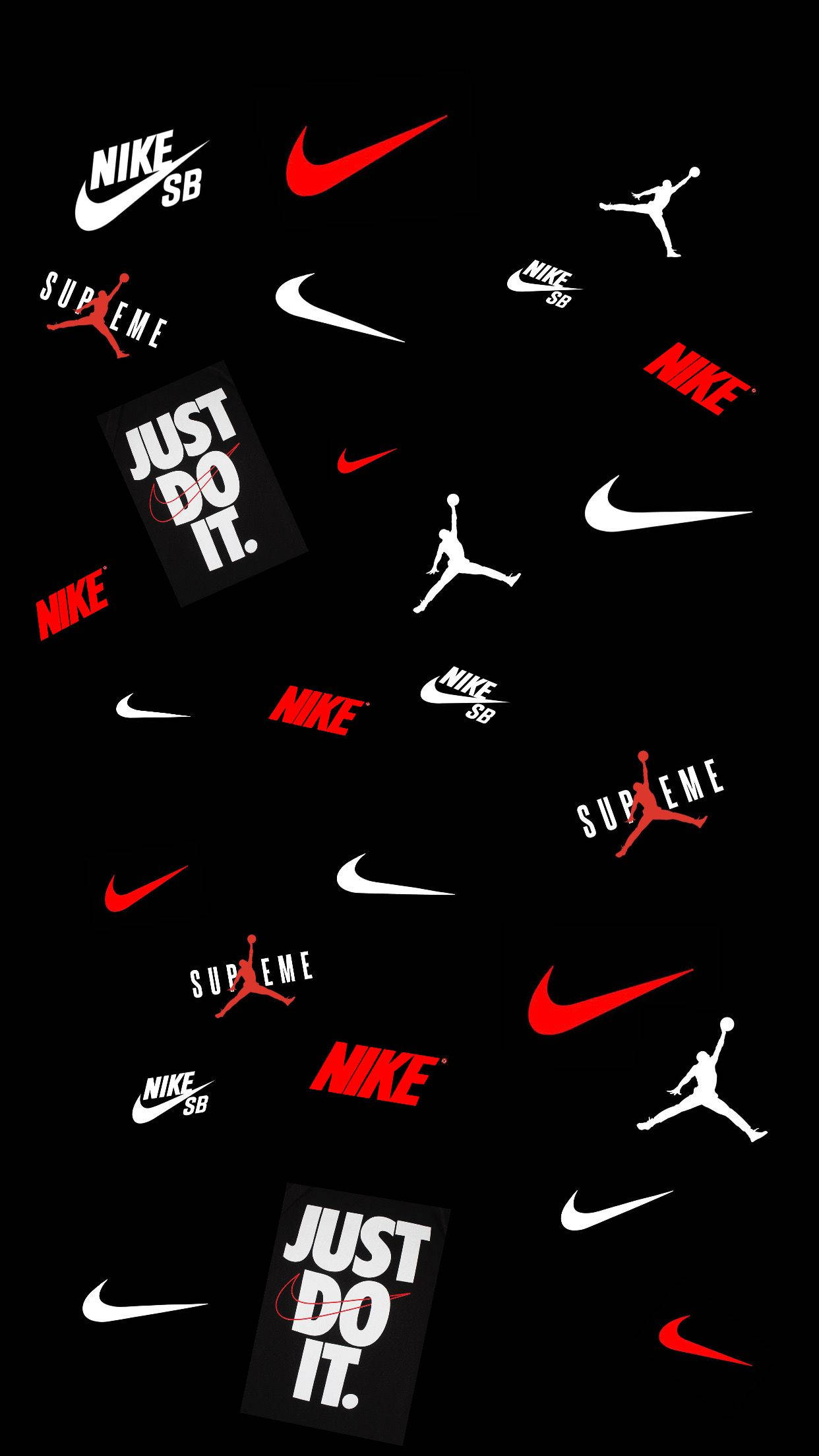 Nike 桌布 壁紙 — 一個充滿動感的黑色背景，上面散落著紅色和白色的Nike Jordan和Supreme標誌以及「Just Do It」文字。