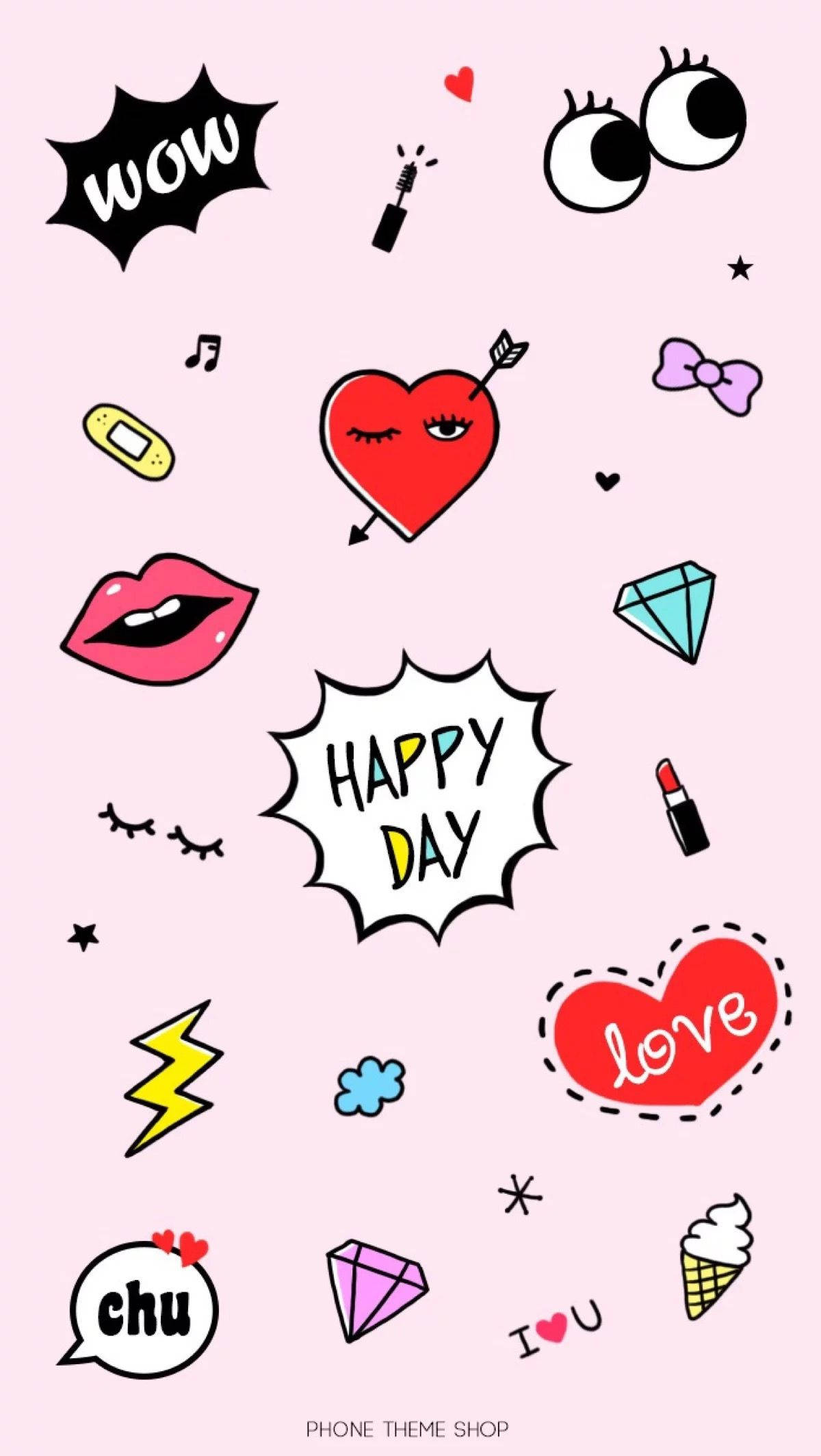 Pinterest 桌布 壁紙 — 一個充滿卡通心形、嘴唇和流行文化圖標（如「WOW」和「HAPPY DAY」）的俏皮粉紅色壁紙，採用漫畫風格。